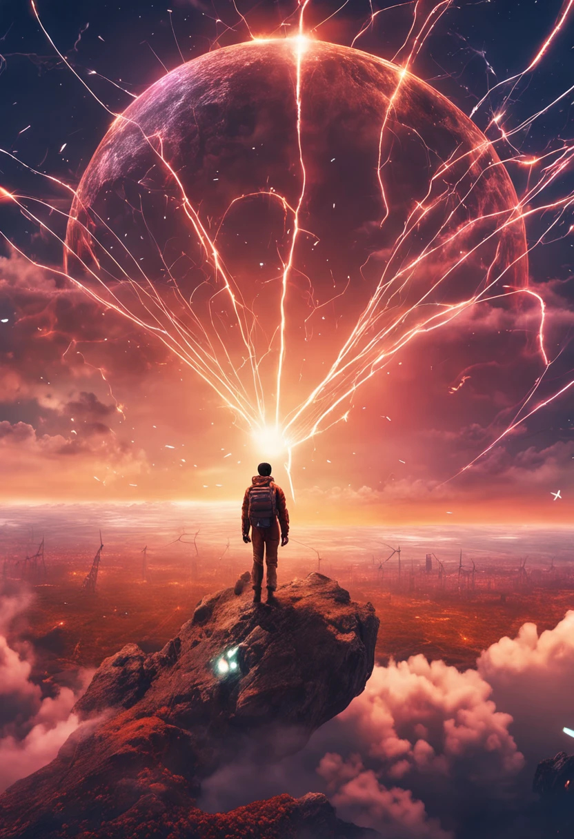 masterpiece, best quality, movie still, 1girl, cloud girl, floating in the sky, close-up, bright, happy, warm soft lighting, sunset, (sparks:0.7),Huge artificial intelligence looms behind the earth, Connections around it, Artificial intelligence concept, Simplified, the wallpaper, 。.ai, earth, connections, Electricity, subassembly, Isolated, Black background