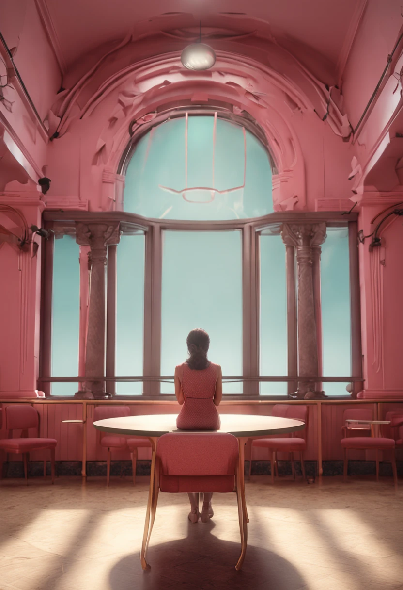(profissional 3d render:1.3) af (Realistico:1.3) Anime-style woman with hands folded on the table, olhos grandes e cor de rosa, Martin Parr