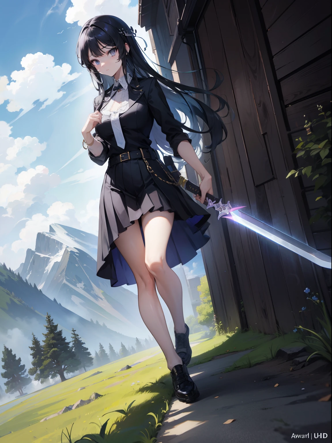 Illustration, UHD, retina, masterpiece, accurate, anatomically correct, super detail, high details, high quality, award winning, best quality, high res, good anatomy, 1080P, HD, 4K, 8k, 16k, 1girl, dynamic pose, androgynous, full body, holding a sword, mini skirt, lighting, shading, grass, mountain, blue sky, clouds, rendering, black detailed hair, detailed clothes, purple detailed eyes