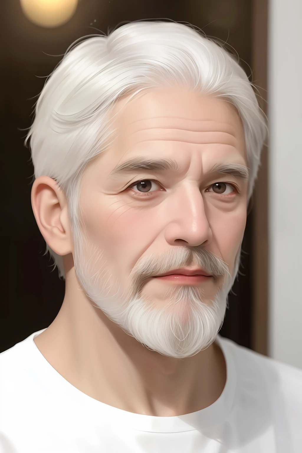 Old man about 48 years old white hair and white grandfather-like beard and brown eyes