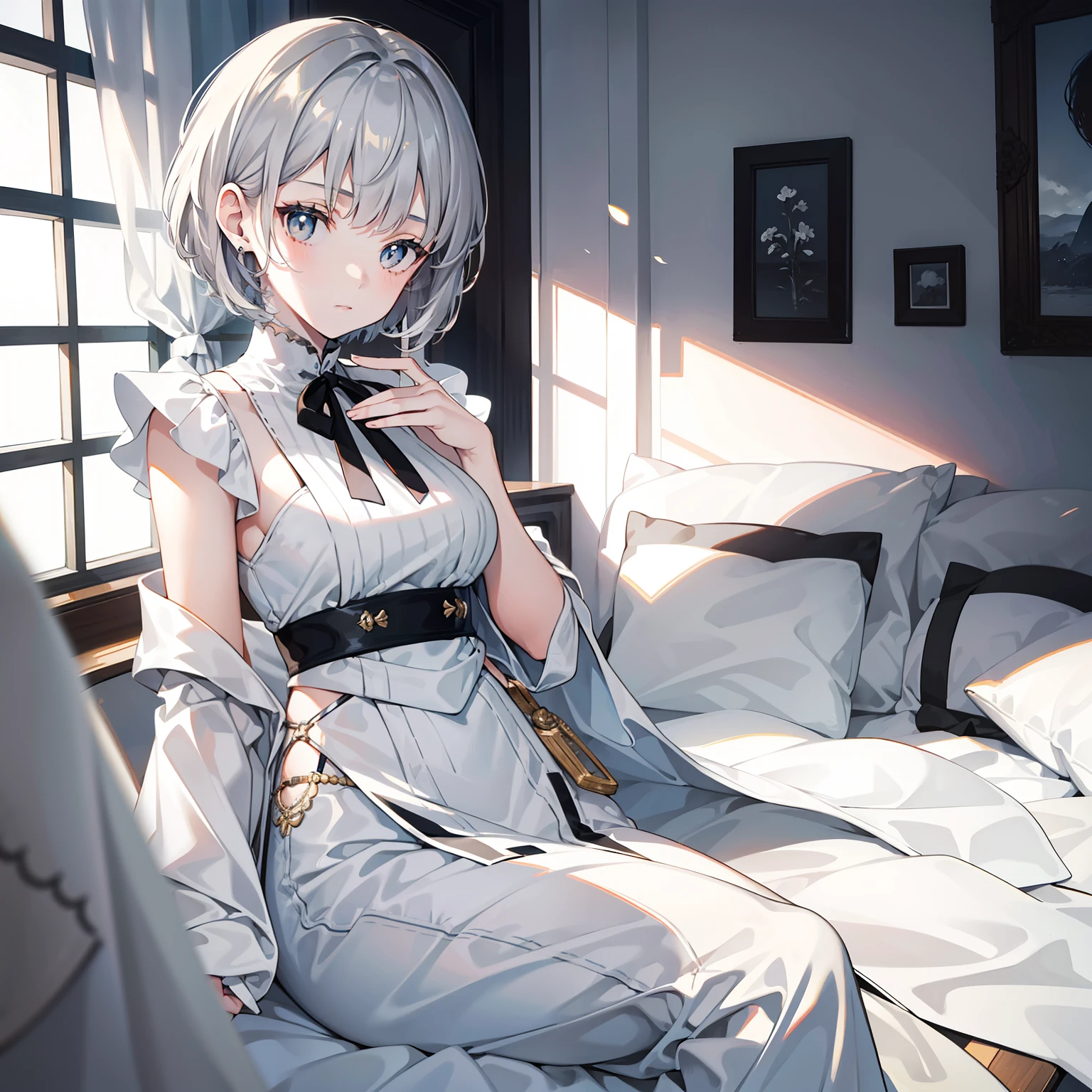 (Beautiful girl, short detailed hair, Gray pupils, White period costume)