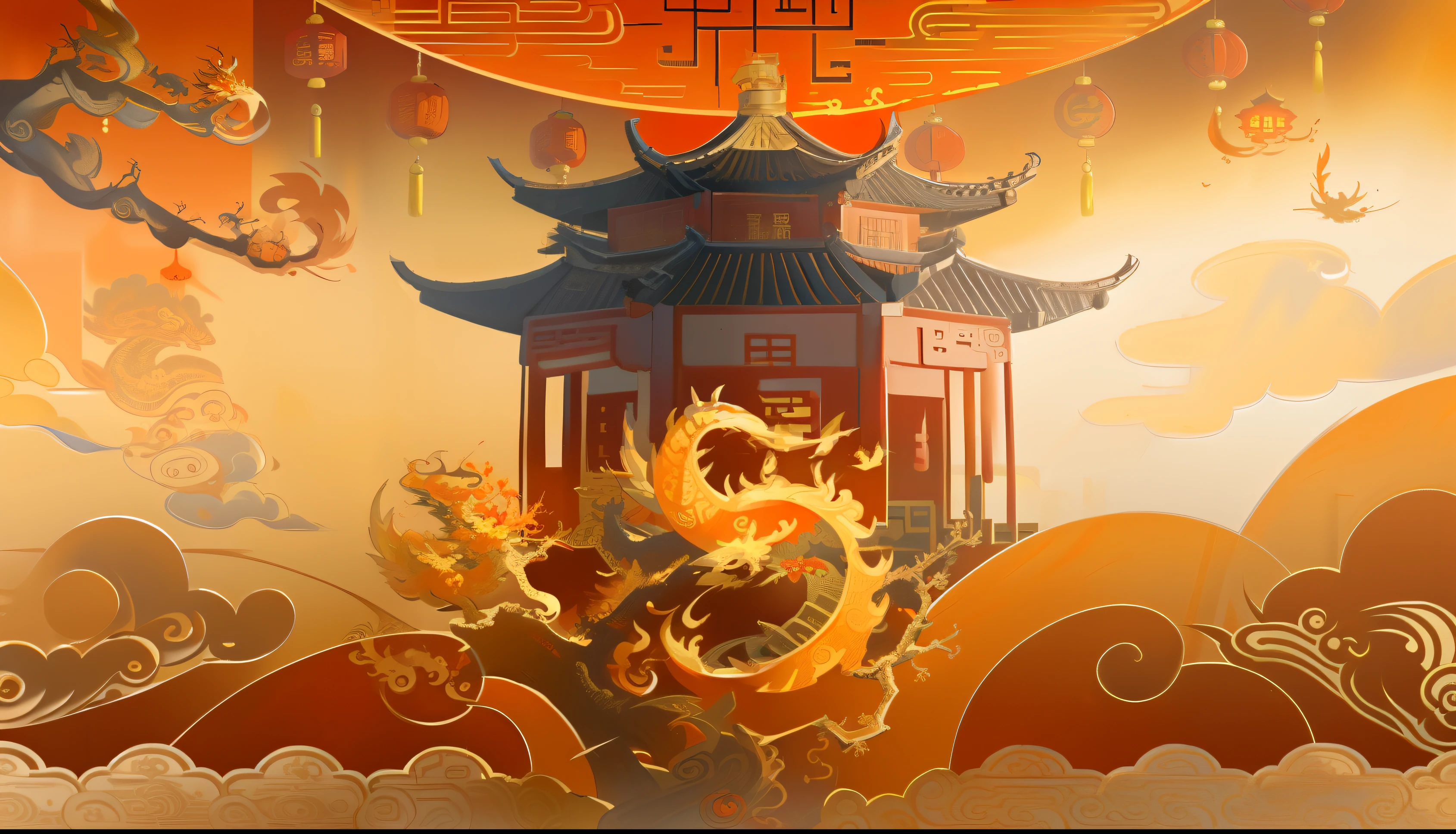 chinese surrealism, floating chinese lampoons, Chinese style,Close-up of pagoda with dragon, dragon flying in the background,((Four-clawed golden dragon)),New Year's flavor,Festive and warm colors,Orange tones,Illustration style,((In the upper left corner are pine branches)),Top of the Blue Tower