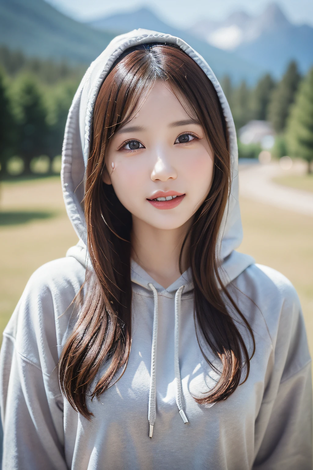 woman 29, full body, cute, ultra-detailed human face, long dark hair, fringe, ultra-detailed brown eyes, ultra-detailed teeth, white teeth, wearing a hoodie, it's snowing, mountains, amazing fine detail, Canon 5DM4, film stock photograph, f1.6 lens, lifelike texture, unreal engine, photorealist, real life