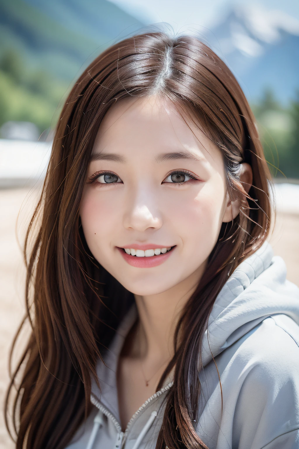 woman 29, full body, cute, ultra-detailed human face, long dark hair, fringe, ultra-detailed brown eyes, ultra-detailed teeth, white teeth, wearing a hoodie, it's snowing, mountains, amazing fine detail, Canon 5DM4, film stock photograph, f1.6 lens, lifelike texture, unreal engine, photorealist, real life