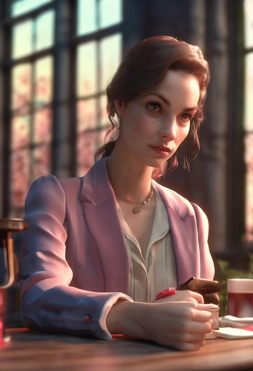 (profissional 3d render:1.3) af (Realistico:1.3) Anime-style woman with hands folded on the table, olhos grandes e cor de rosa