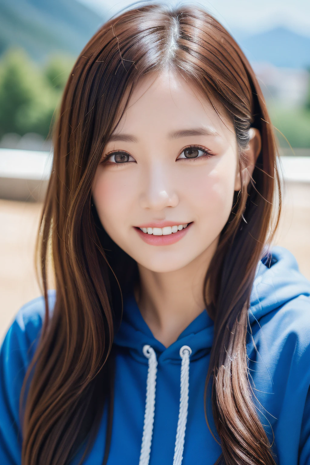 woman 29, full body, cute, ultra-detailed human face, long dark hair, fringe, ultra-detailed brown eyes, ultra-detailed teeth, white teeth, wearing a hoodie, it's snowing, mountains, amazing fine detail, Canon 5DM4, film stock photograph, f1.6 lens, lifelike texture, unreal engine, photorealist, real life