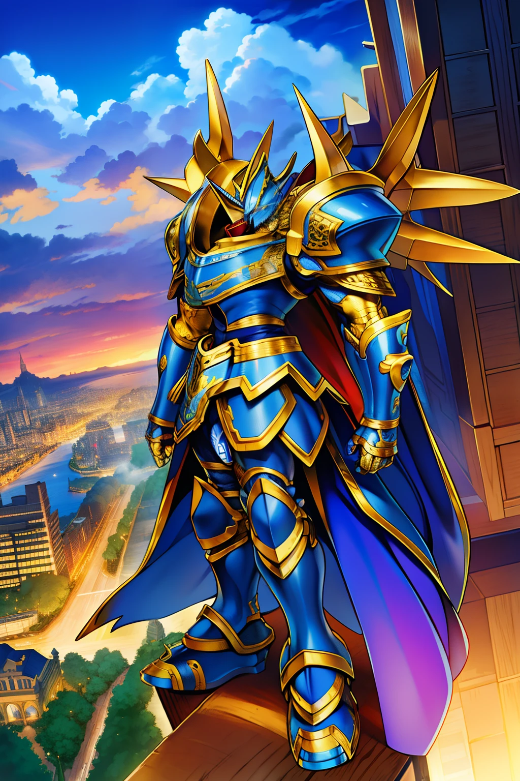 digimon,(masterpiece), (best quality), HDR, intricate detail,cityscape, 1boy, armor, blue eyes, omegamon