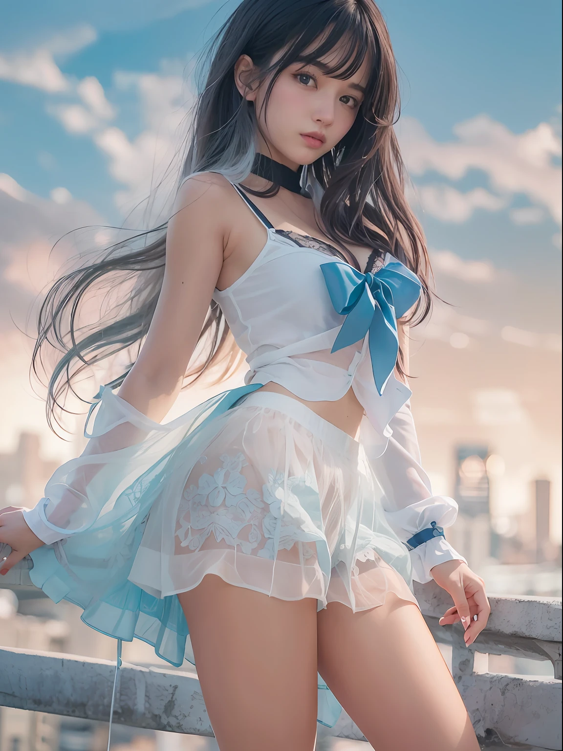 8K, Attractive, intensely detailed, 20 Year Old Girl, sexy and attractive woman with dark, black hair. She has beautiful sky-blue eyes with a heart inside. She is dressed in white, short and unbuttoned shirt. She is wearing a blue miniskirt. Her skirt is lifted up, and from under the skirt we see sexy, black lace panties with bow.