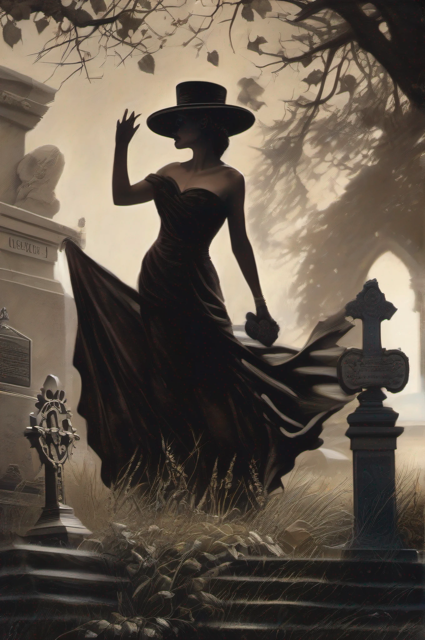 ((beste-Qualit)), ((tmasterpiece)), ((Realistic)), Vintage Fantasy, Woman in the cemetery, Silhouette of the devil, Extremely detailed, Иллюстрация Alex_Horley
