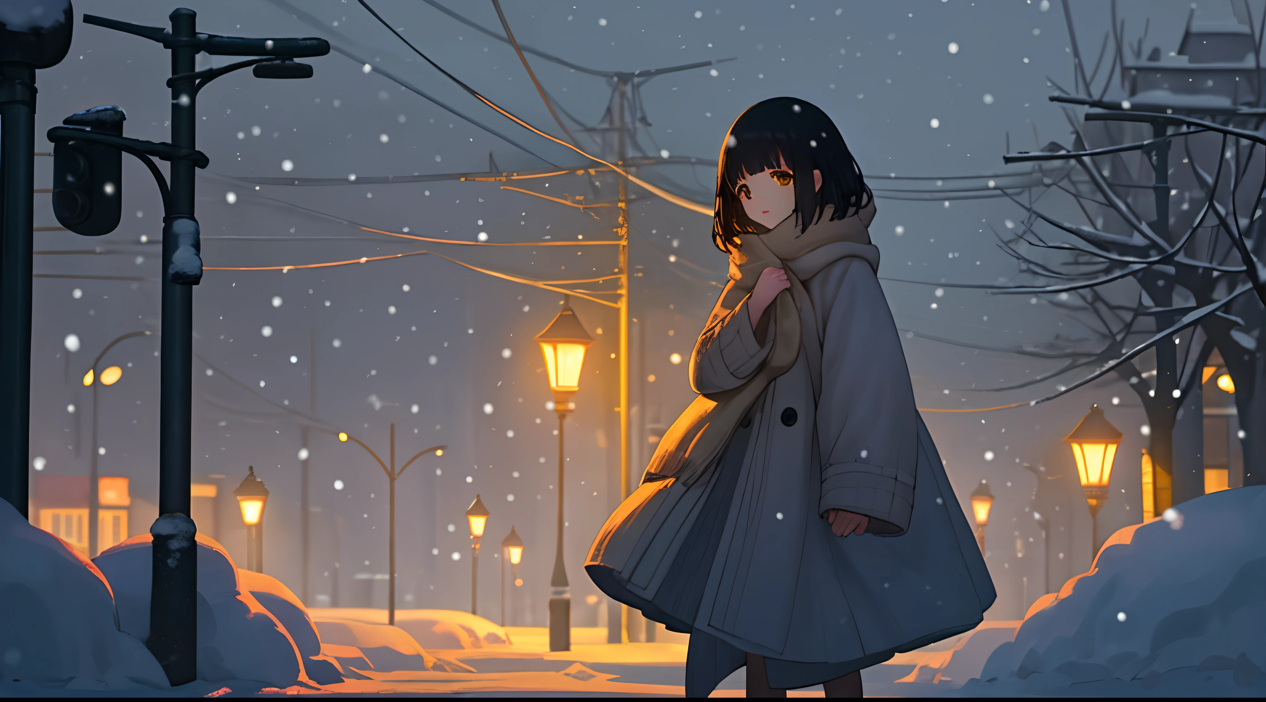 A cold winter night where no is there except a lonely girl far away who is roaming around as if looking for something or someone. It's snowing. Only the yellow street lamps dimly light up the road covered in snow. She is standing under one of the lamps which is making her face glow from the underneath (ray tracing). She is looking directly at the camera although she is far away.