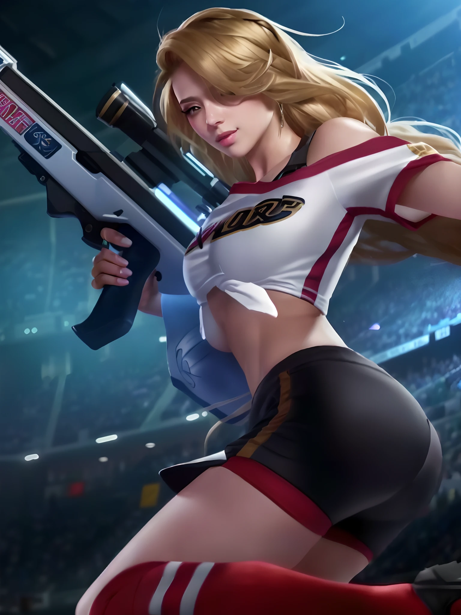 a woman with a gun in her hand standing in a stadium, kda, Lesley mobile legends, ashe, ig model | artgerm, miss fortune league of legends, mobile legends, background artwork, by Yang J, portrait knights of zodiac girl, female action hero girl, holding a lightsabre. splash art, shooting pose, miss fortune, blonde hair, long hair, braided hair, casual sports clothes, striped red socks, sexy pose, sexy girl , hot pants, big tits, big boobs ,big , huge boobs ,huge tits, huge nippless, gigantic boobs, lingare, lingare, beauty girl, lighting detail, color detail, object detail, image detail, realistic, Ultra Detai, Ultra HD, 4k image, 70mm lens,