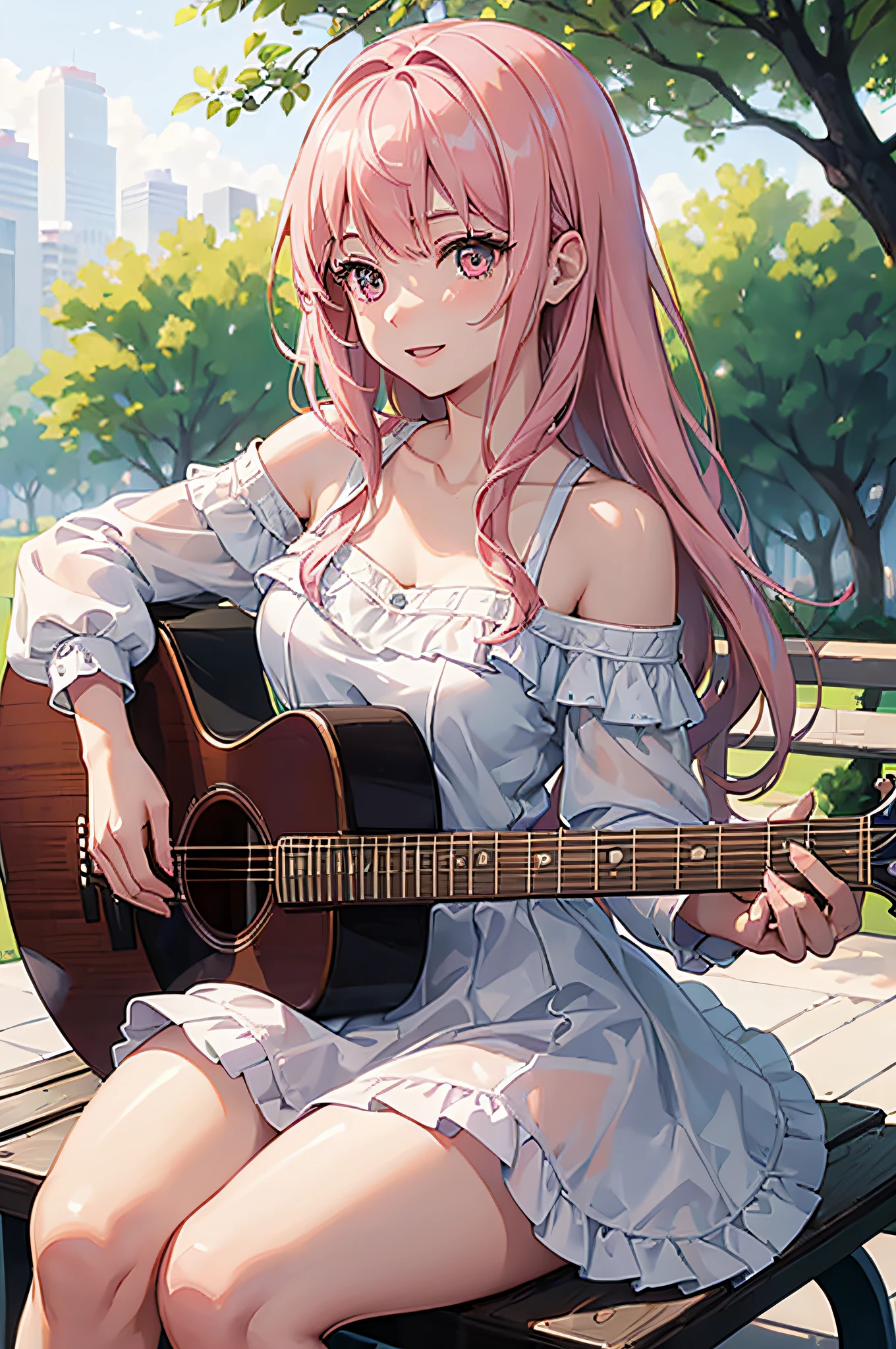 (Girl sitting on park bench playing guitar:1.3),White lace loose shirt emphasizing off-shoulder chest,tight skirts,Visible through the fabric.Solo Idol Girl,Happy smile,shiny light brown and pink striped hair,,Perfect face,Proper body proportion,masutepiece,Super high-quality output images,hight resolution,Intricate details,Very delicate and beautiful hair,photos realistic,Dreamy,Professional Lighting,realistic shadow,Solo Focus,Beautiful hands,Beautiful fingers,Detailed finger features,detailed clothes features,Detailed hair features,detailed facial features,