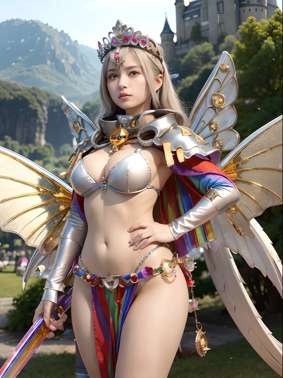 (masutepiece), Professional , ​masterpiece、top-quality、photos realistic , depth of fields （Gemstone Silver Metal Body:1.９),(Matte Silver、Jewel Gold Weapon、（Gorgeous castle background）、（ultimate beauty girl）、（Rainbow fairy wings grow）、（Jewel Metal Body:1.９),Gorgeous Jewel Metal Weapons , Detailed Sword of the Brave ,（ a blond）   ,warhammer 40k ,(（maikurobikini）)、 adepta sororitas,Detail and ornate jewel crown、独奏、Brown hair、（Gangle's forest background）、Beautiful Caucasian beauty、１a person、dynamic ungle,(((Diamond tiara with detail and luxury)))、a small face、Powerful poses、（Gorgeous castle background）、huge filesize、20 year old beautiful woman、Thin female fingers、Straight long hair、Beautiful Caucasian beauty、Valley、Fairy of Light、Particles of light、