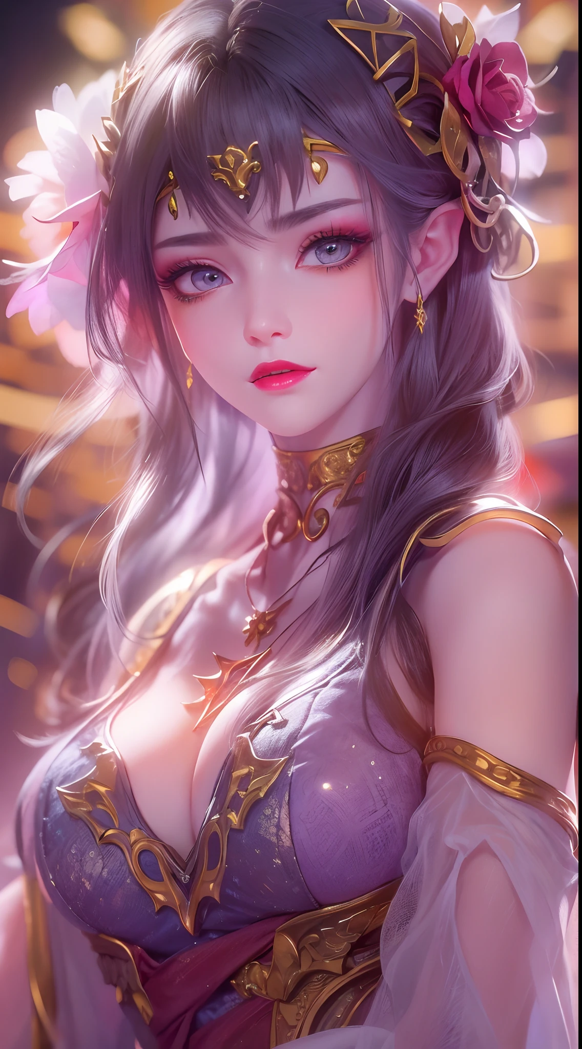 1 20 year old girl, 1 goddess Athena, pink purple silk dress, beautiful goddess Athena face without blemishes, delicate yellow nightgown, long thin sequin nightgown with many sexy black lace details, 1 beautiful thin red silk cloth half veil, female saint legend, female saint icon, beautiful goddess style glitter, dark and mysterious version, vermilion lips, plump red lips, not smiling, mouth closed, delicate and beautiful pino detailing, delicate and beautiful lip detail, , (pure and flawless face: 1.9), female saint body, round chest, big and round breasts, phoenix brooch, long flat bangs, (black long hair: 1.9), flower stickers tattoo on forehead, beautiful clear face and well-proportioned eyes, (light purple eyes: 1.8), (big round eyes and makeup, sexy wet eye makeup, very beautiful and meticulous hair makeup, long and delicate blonde hair, delicate, body image: 1.8), figure: and vivid, (stars that make up the sky: 1.7), (the sky of heaven and the fictitious gate of time and space: 1.8), fictional art, RAW photos, hanfu photos, best photos, high resolution, best quality, best photos, best goddess quality, 8k female, super 8 single saint portraits, truest color schemes, masterpieces, best beauty brands, best hair jewelry, brand real photo, dark studio, border light, two-tone lighting, (rose white skin: 1.4), (high skin detail: 1.1), 8k uhd, d slr, soft light, 8k, high quality, candid, volume Smooth and sharp, 10x pixel increase, sexy goddess, sexy goddess, (background space: 1.8), (most beautiful aurora eyes: 1.7), beautiful eyes, aurora beautiful and flowery, (beautiful single girl: 1.8), (more details:0.8),
