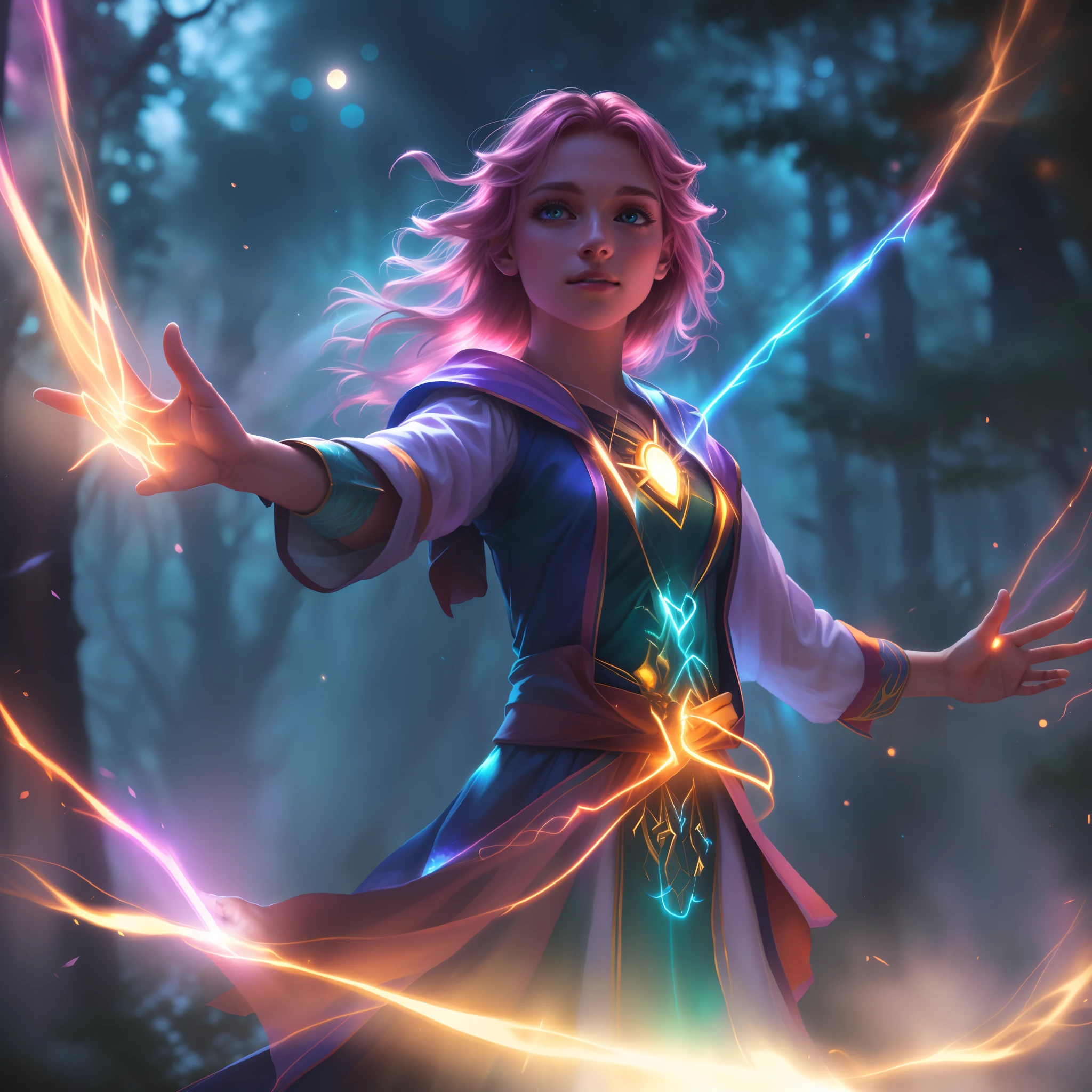 Photorealism, close-up, upper body view, arms open in a magical gesture, electricity in the environment, multiple colorful rays, young petite female mage, spellcasting, vibrant lights, ultra-realistic elements, main focus on intricate spellcasting motions, dynamic angle, arms extended diagonally upwards and outwards, mystical forest clearing background, moonlit illumination, misty ambiance, post-processing to enhance glow and realism