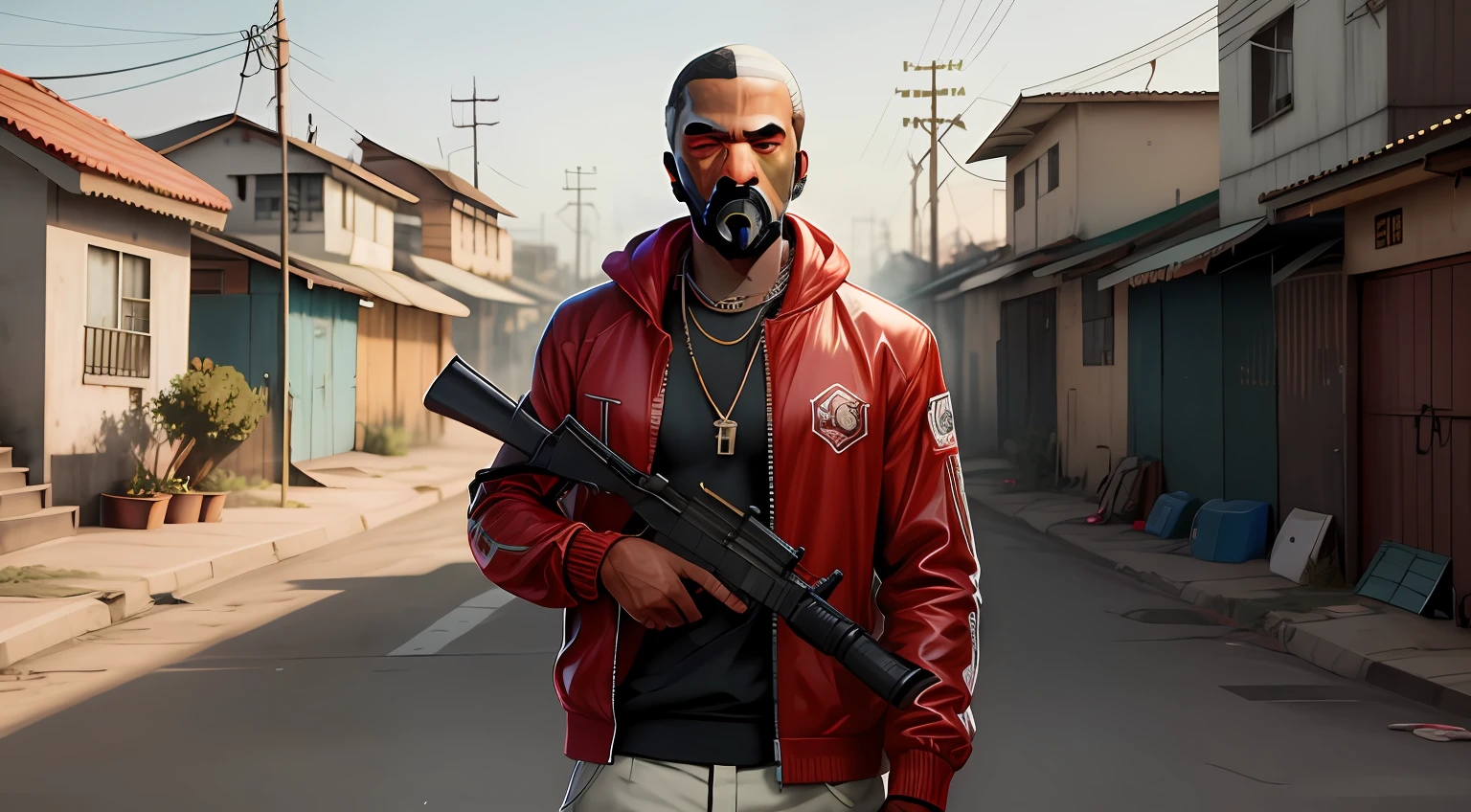 Araffe wearing a gas mask and holding a gun on a street, gta personagem, Como o protagonista de GTA 5, Cyberpunk Rua Goon, gta v personagem, drake em gta v, como um personagem de gtav, gta v street style, Samurai de rua, cyberpunk 2 0 7 7 arte do personagem, Estilo de GTA V obras de arte, irreal 5. retrato de rpg, samurai urbano,Snoop dog,cabelo vermelho, pelos ruivos