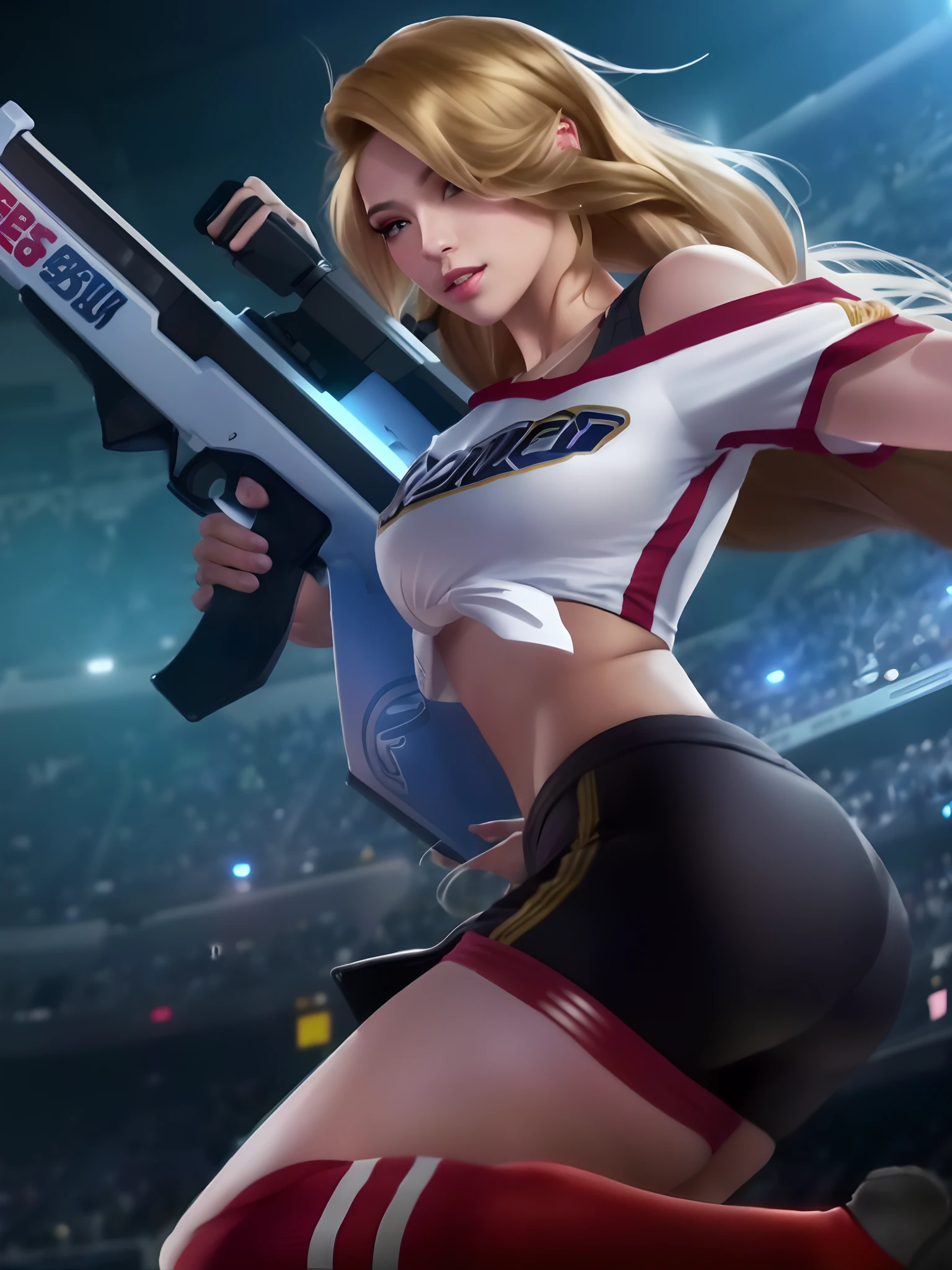 a woman with a gun in her hand standing in a stadium, kda, Lesley mobile legends, ashe, ig model | artgerm, miss fortune league of legends, mobile legends, background artwork, by Yang J, portrait knights of zodiac girl, female action hero girl, holding a lightsabre. splash art, shooting pose, miss fortune, blonde hair, long hair, braided hair, casual sports clothes, striped red socks, sexy pose, sexy girl , hot pants, big tits, big boobs ,big , huge boobs ,huge tits, huge nippless, gigantic boobs, lingare, lingare, beauty girl, lighting detail, color detail, object detail, image detail, realistic, Ultra Detai, Ultra HD, 4k image, 70mm lens,