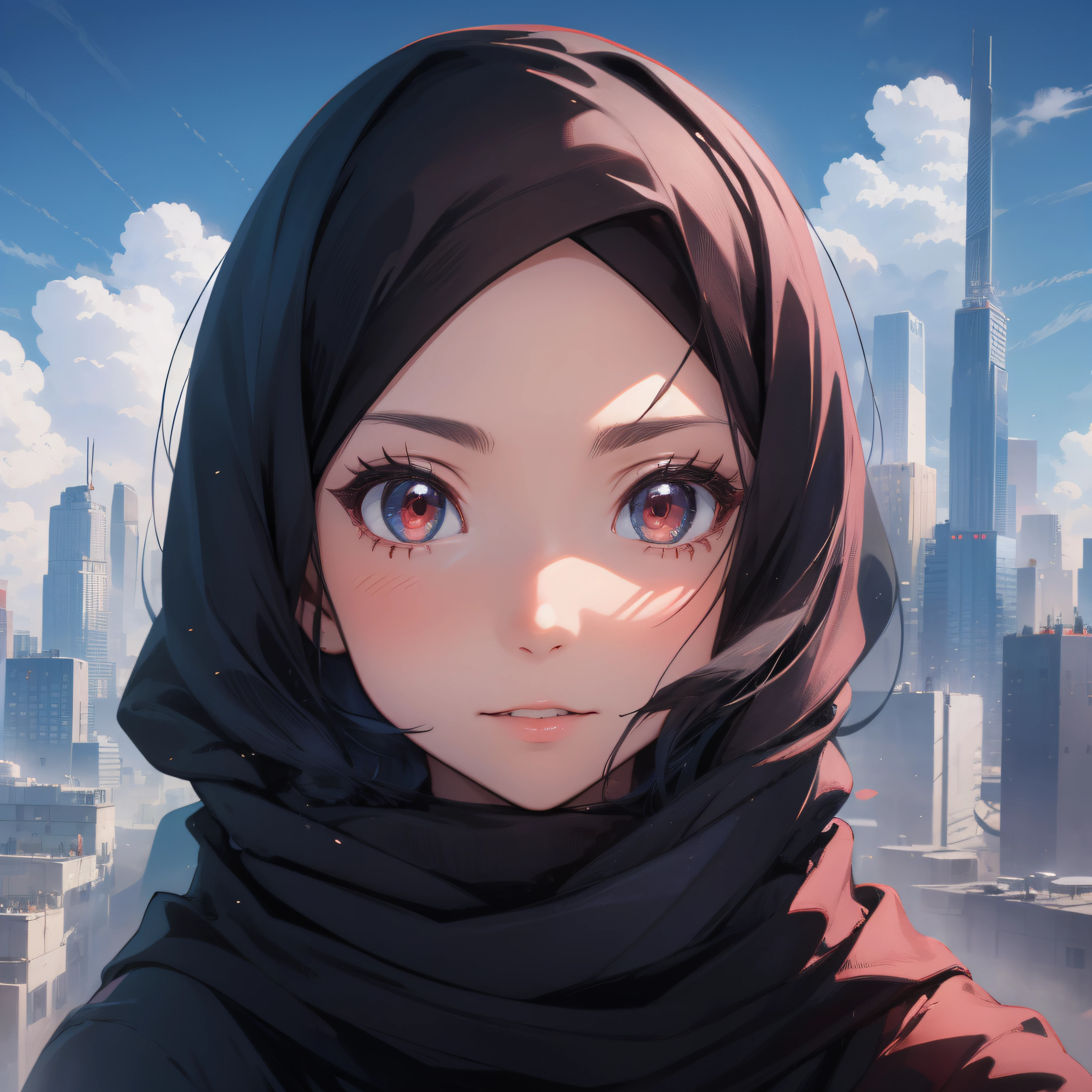 a women with black hijab, red eyes, beauty, cityscapes, center of the city, blue sky, amazing sky, white skin, very beautifull.