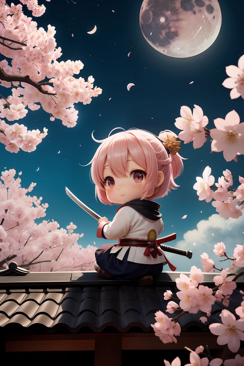 Chibi Samurai、cherry blossoms falling、Moon Night、Looking up at the moon、posterior view