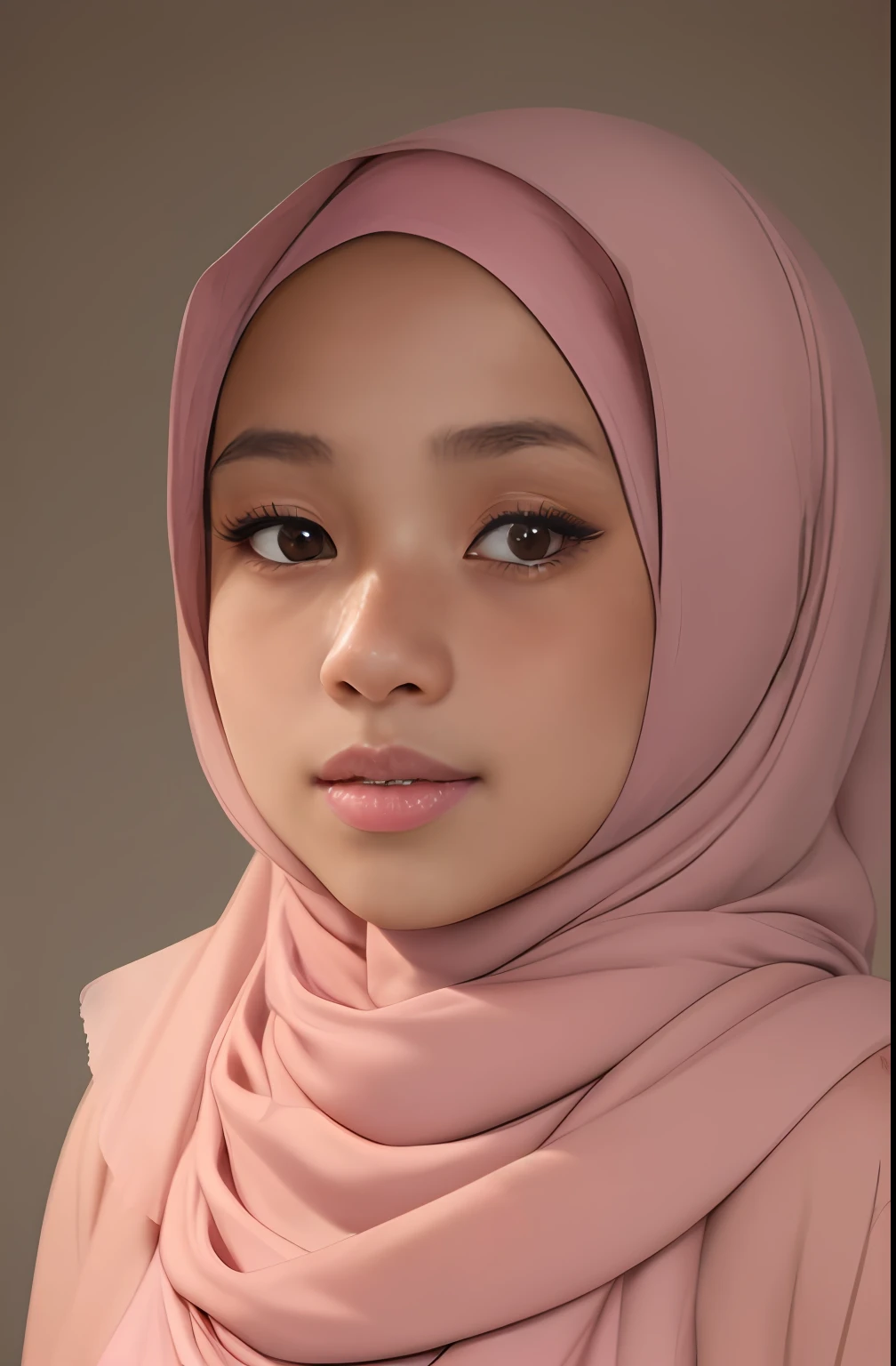 a photo portrait of a beautiful malay girl with hijab and few freckles, (plain pastel pink hijab), (medium shot portrait:1.3), dramatic light , Rembrandt lighting scheme, (hyperrealism:1.2), (8K UHD:1.2), (photorealistic:1.2), shot with Canon EOS 5D Mark IV, detailed face, detailed skin texture