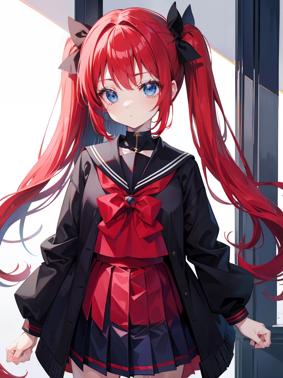 red hair, blue eyes, twintails, Sailor suit,black coat, Pleated skirt,solo,loli,cute,bow