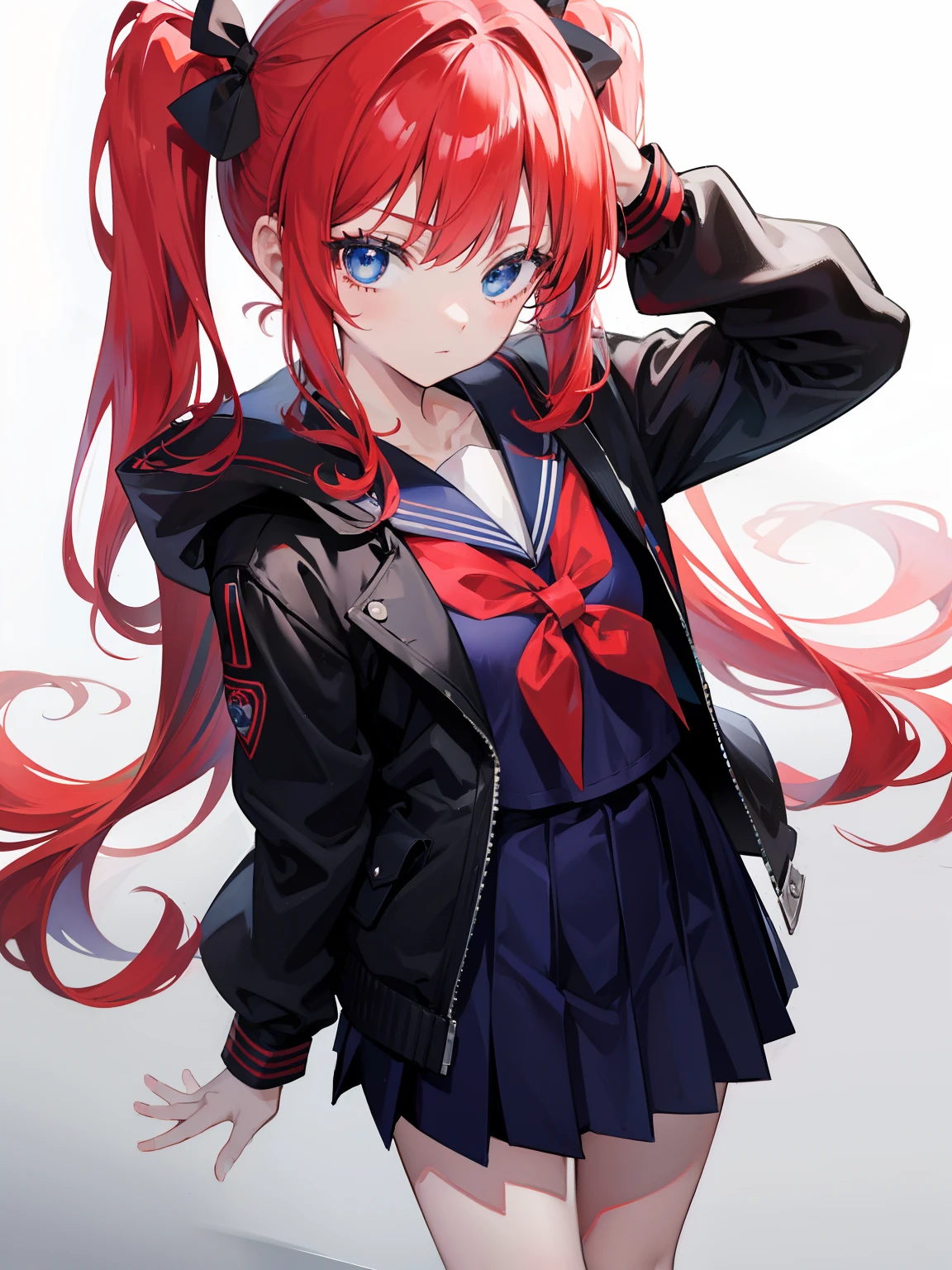 red hair, blue eyes, twintails, Sailor suit,black coat, Pleated skirt,solo,loli,cute,bow