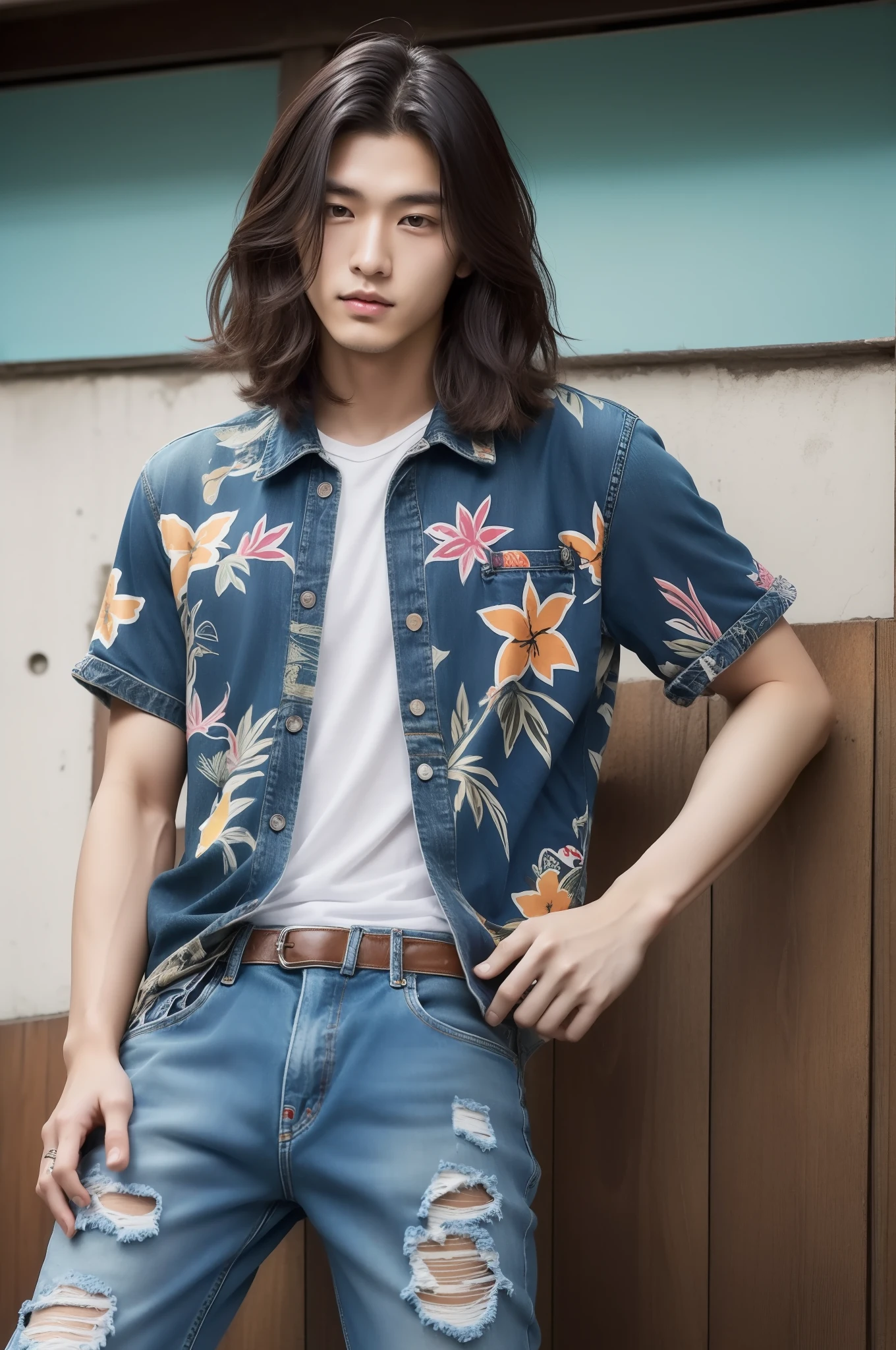 Sexy casual style portrait of 20 year old Japan man、For spring-summer。Wearing an Aloha shirt、Diesel Slim Fit Jeans、Wearing leather sandals。Look full of confidence、Fascinating。Sexy Hairstyles、Wavy texture hair、Medium length look、With a light hold、His relaxed、Reflects an attractive personality。