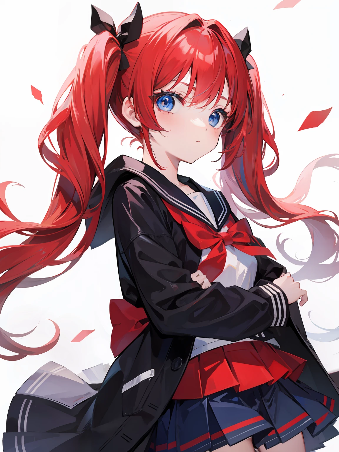 red hair, blue eyes, twintails, Sailor suit,black coat, Pleated skirt,solo,,cute,bow