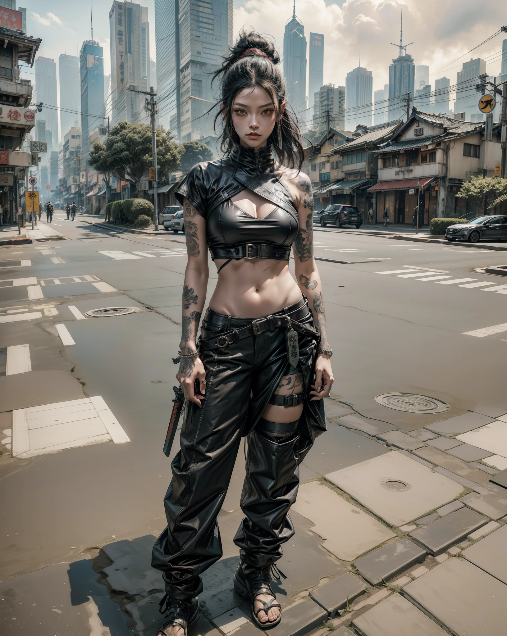 The Aalfelder woman has tattoos，There is a sword in the chest, cyberpunk art inspired by Kanō Hōgai, trend in CGSociety, neo-dada, cyberpunk streetwear, very beautiful cyberpunk samurai, wearing cyberpunk streetwear, Samurai Cyberpunk, cyberpunk street goon, wearing japanese techwear, Cyberpunk costumes, cyberpunk fashion clothes, cyberpunk fashion, Urban Samurai，street of hong kong，skinny pants，Long black leather boots