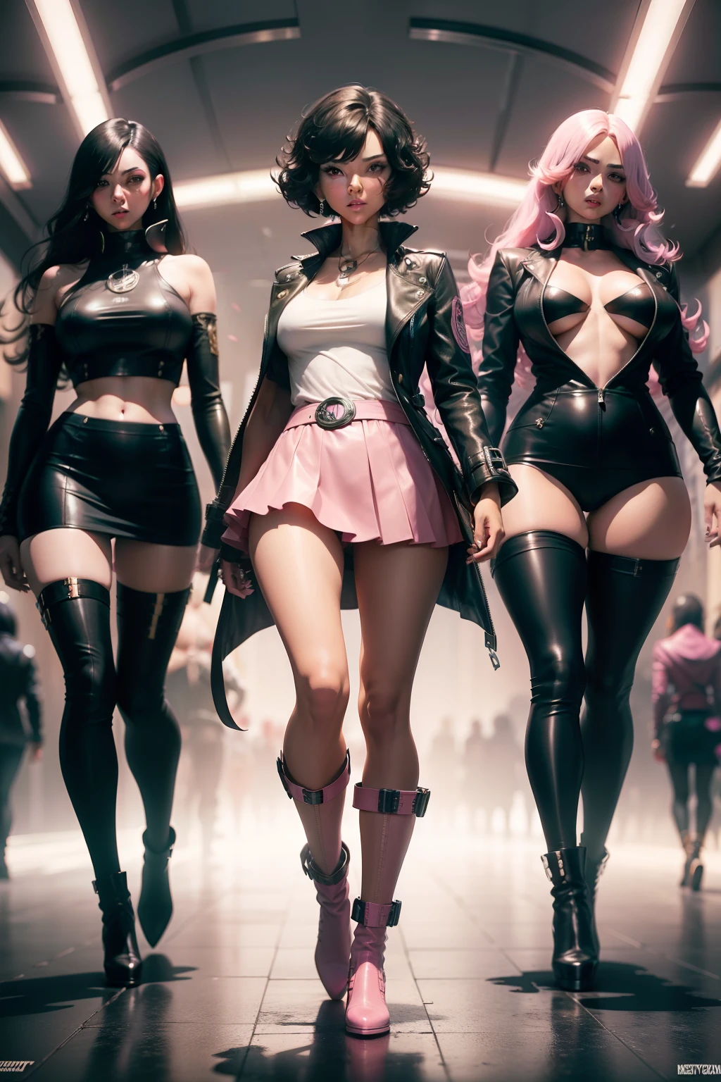 a full body Lex a Beautiful woman, black curly hair, happy, fun, full of life, wearing a light pink leather jacket waist-coat, wearing a pink mini-skirt, and white ankle length go-go boots, surrounded By a giant persona Monster, in a destrones metropolis, character, thin, petite, small breasts, medium dark skin, Persona, Shin Megami Tensei,wildly hair, surrounded By a giant persona Monster, in a destrones metropolis