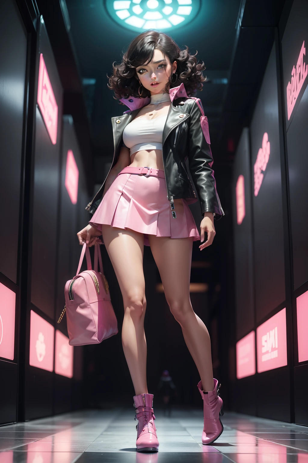 a full body Lex a Beautiful woman, black curly hair, happy, fun, full of life, wearing a light pink leather jacket waist-coat, wearing a pink mini-skirt, and white ankle length go-go boots, surrounded By a giant persona Monster, in a destrones metropolis, character, thin, petite, small breasts, medium dark skin, Persona, Shin Megami Tensei,wildly hair, surrounded By a giant persona Monster, in a destrones metropolis