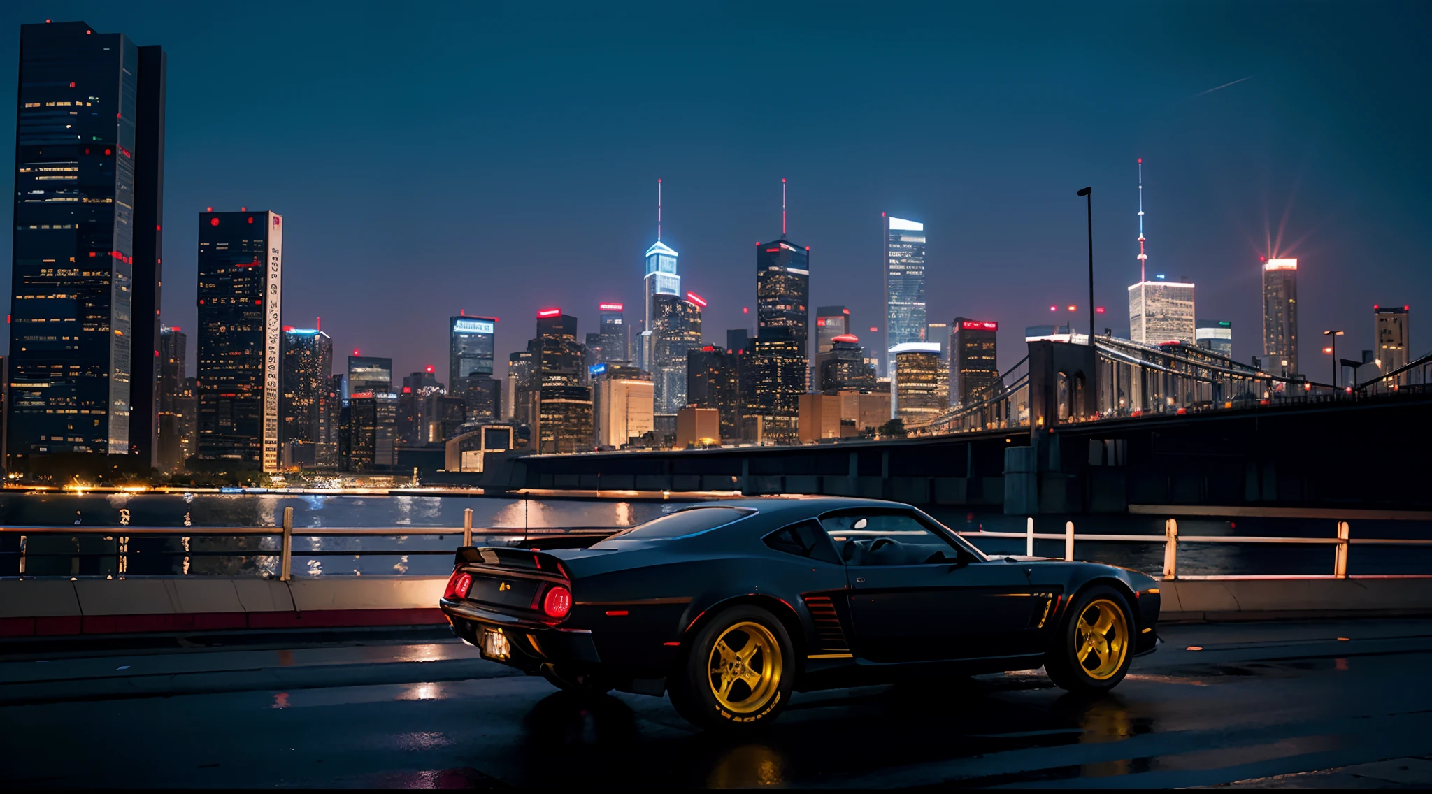 Ultra photo realsisim，metals，Sharp，Super car，Professional photo futuristic muscle car with multiple modifications， Big wheels， guido， Cybernetic hood， Network car parts， Front pop-up headlights， scientific fiction， science fiction scene， （natta）， Natural soft light， cyber punk perssonage， Cidade futuristica， Cyberpunk-city， neon lights sign， highly  detailed， （highly detailed back ground）， Multiple buildings in the background， Detailed textures， wide angles， 8K， hdr， Professional photo shooting，high-quality photo，photograph of-realistic，realistic shaded，detailed shadow，Realistic proportions，filmgrain，RAW photogr，