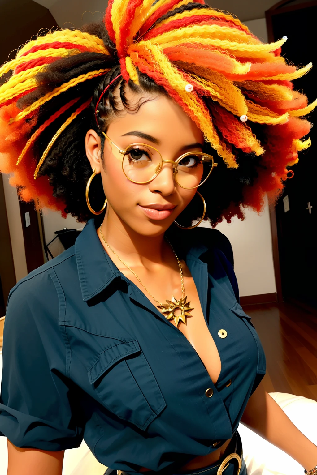 There's a woman with a big afro standing in a room, com afro, em estilo de nadine ijewere, Justina Blakeney, cabelos naturais, afro encaracolado, cabelo afro, imagem de perfil, de pele escura, por Ella Guru, inspirado em Esaias Boursse, grande afro, linda senhora, brincos enormes e maquiagem queer, afro, sunglasses, Turtle frame