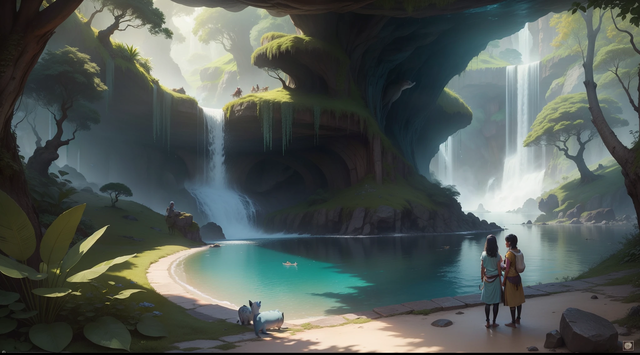 **Chapter 2: O Segredo dos Botos Encantados**
The india Aiyana and the porpoise Tupã curious, Looking at an old map that shows the challenges ahead. They are in front of a cave entrance, surrounded by waterfalls and trees. Os animais da floresta os observam com interesse.