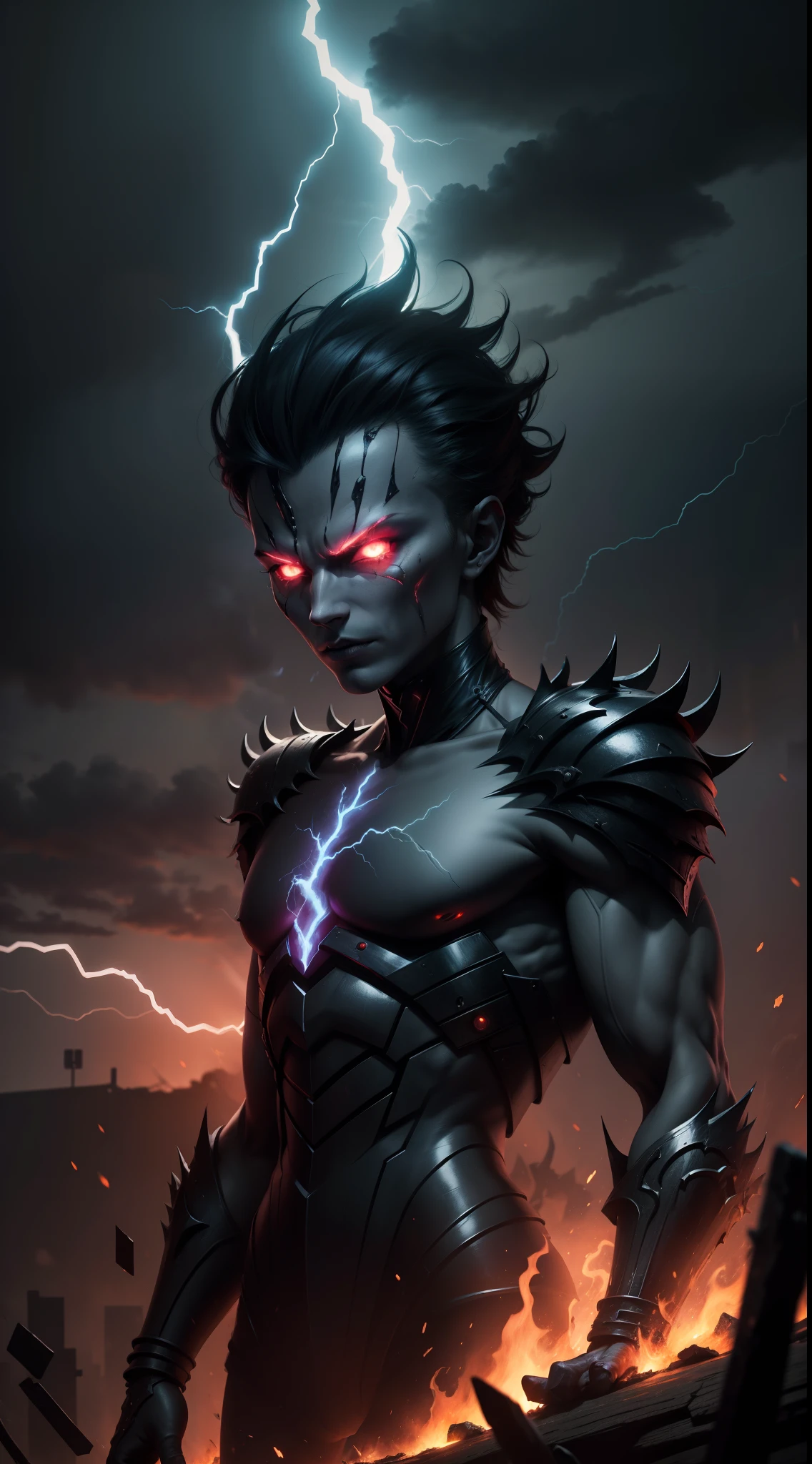 a young evil electric demonic humanoid made of lightning, dark, horror, fall weather, night time, fire, 1600s