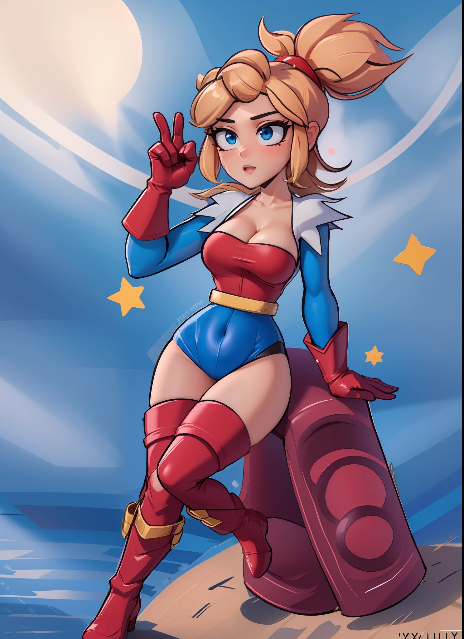 (masterpiece, Best Quality:1.2), 1 girl, piper, blonde hair, ponytail, headpiece, solo, red gloves, thigh-highs, big boobs, clavicle, leotard , blue, star (symbol), long hair, thigh high boots, legs apart, cleavage, belt, red shoes, shirt, long sleeves, gloves, cowboy photo, white background,