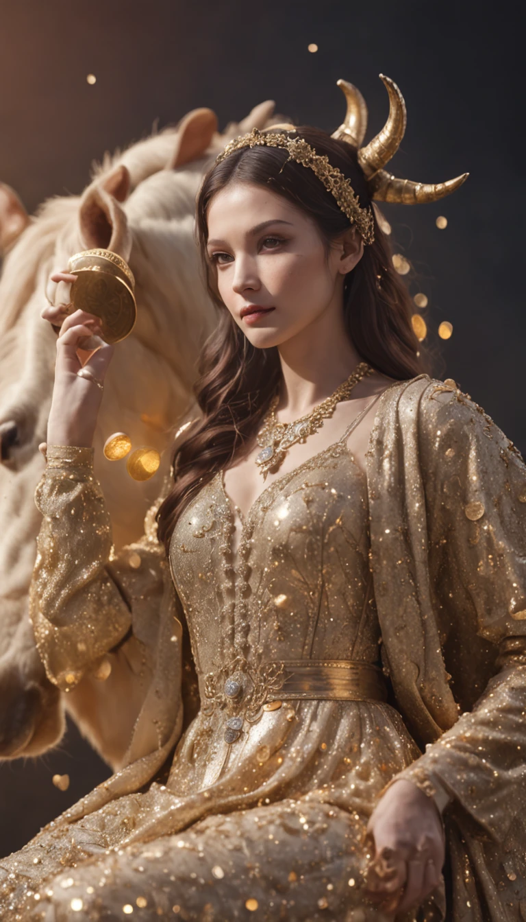 a cattle、one cattle、Real Animal, Moon on the first chord、Gold coins rain down, Surrealism, Realism, Verism, sparkle, cinematic lighting, sparkle, god rays, UHD, masterpiece, ccurate, super detail, high details, high quality, best quality, highres, anatomically correct