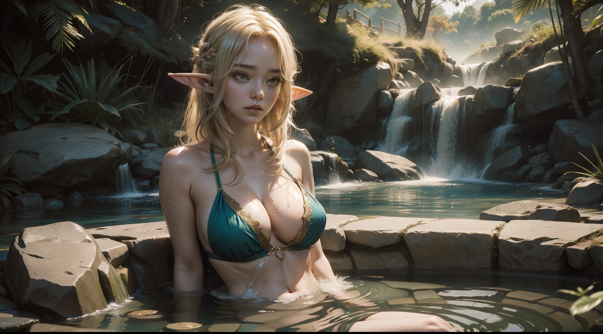 Female elf,Large breasts,Drenched hair,The background is a hot spring,Lazy expression