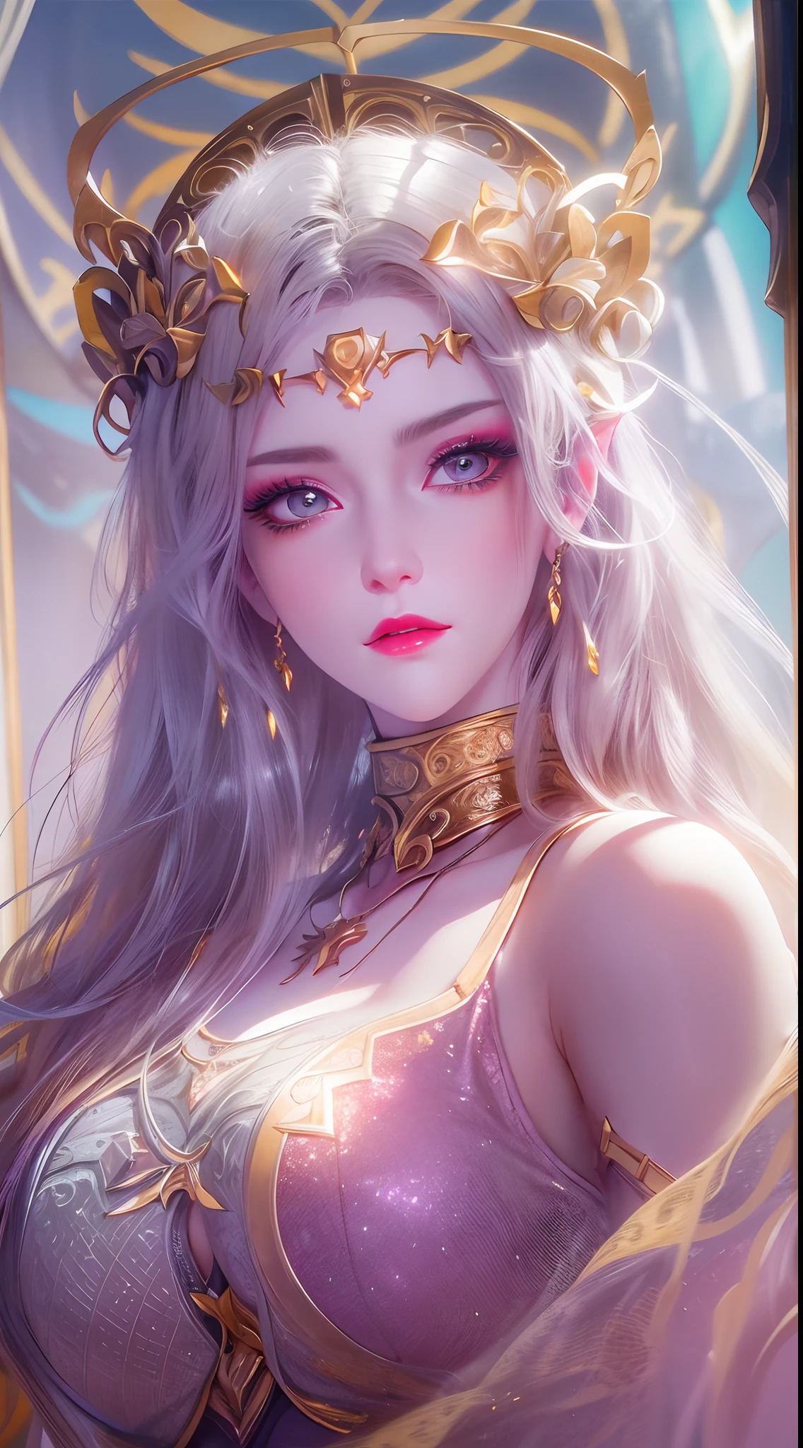 1 20 year old girl, 1 goddess Athena, pink purple silk dress, beautiful goddess Athena face without blemishes, delicate yellow nightgown, long thin sequin nightgown with many sexy black lace details, 1 beautiful thin red silk cloth half veil, female saint legend, female saint icon, beautiful goddess style glitter, dark and mysterious version, vermilion lips, plump red lips, not smiling, mouth closed, delicate and beautiful pino detailing, delicate and beautiful lip detail, , (pure and flawless face: 1.9), female saint body, round chest, big and round breasts, phoenix brooch, long flat bangs, (black long hair: 1.9), flower stickers tattoo on forehead, beautiful clear face and well-proportioned eyes, (light purple eyes: 1.8), (big round eyes and makeup, sexy wet eye makeup, very beautiful and meticulous hair makeup, long and delicate blonde hair, delicate, body image: 1.8), figure: and vivid, (stars that make up the sky: 1.7), (the sky of heaven and the fictitious gate of time and space: 1.8), fictional art, RAW photos, hanfu photos, best photos, high resolution, best quality, best photos, best goddess quality, 8k female, super 8 single saint portraits, truest color schemes, masterpieces, best beauty brands, best hair jewelry, brand real photo, dark studio, border light, two-tone lighting, (rose white skin: 1.4), (high skin detail: 1.1), 8k uhd, d slr, soft light, 8k, high quality, candid, volume Smooth and sharp, 10x pixel increase, sexy goddess, sexy goddess, (background space: 1.8), (most beautiful aurora eyes: 1.7), beautiful eyes, aurora beautiful and flowery, (beautiful single girl: 1.8), (more details:0.8),