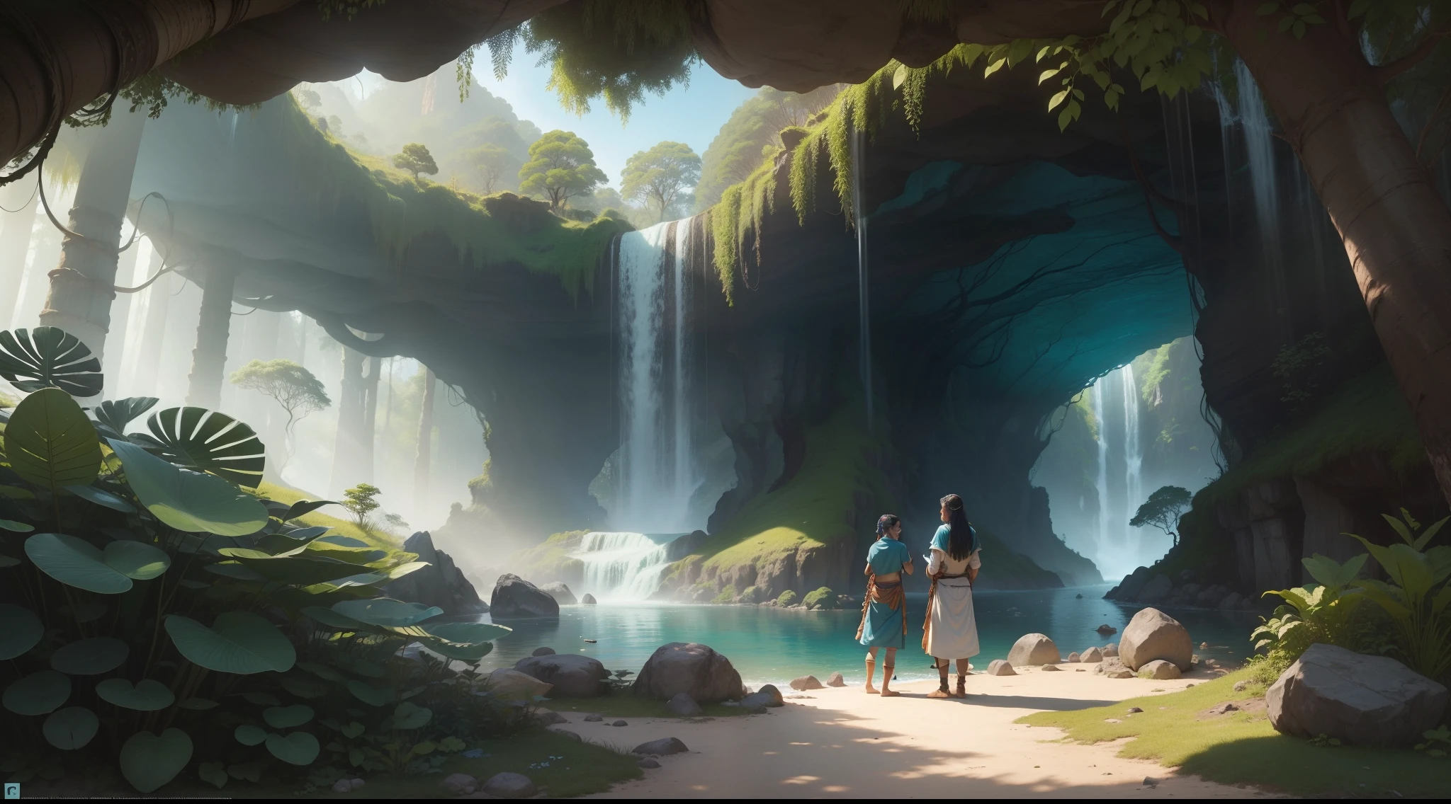 **Chapter 2: O Segredo dos Botos Encantados**
The Indian Aiyana and the porpoise Tupã curious, Looking at an old map that shows the challenges ahead. They are in front of a cave entrance, surrounded by waterfalls and trees. Os animais da floresta os observam com interesse.