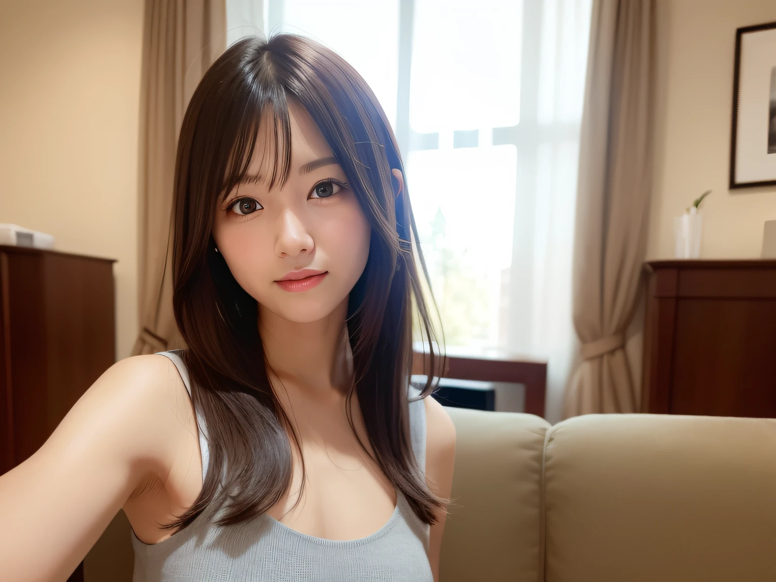 Woman in plain clothes posing in living room、Harsh flash photography、Young beautiful gravure idol、[photos realistic]!!,Candid flash photography、magnifica、Masa Nakayama、flash photo、Sui Ishida、Do not copy hands、adult lady