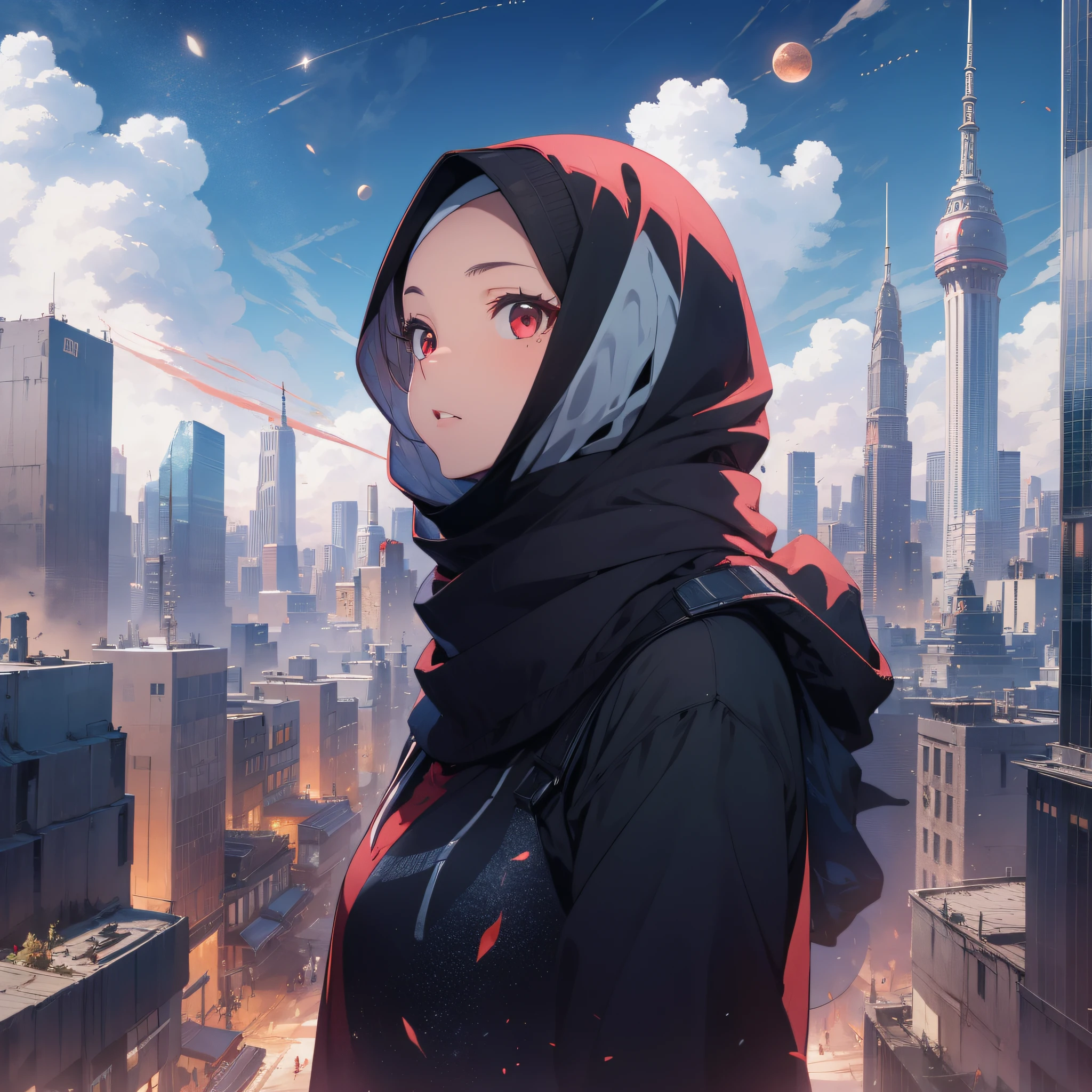a women with black hijab, red eyes, beauty, cityscapes, center of the city, blue sky, amazing sky, white skin, very beautifull, zoom out, full body, colorful, highest detailed, comets.