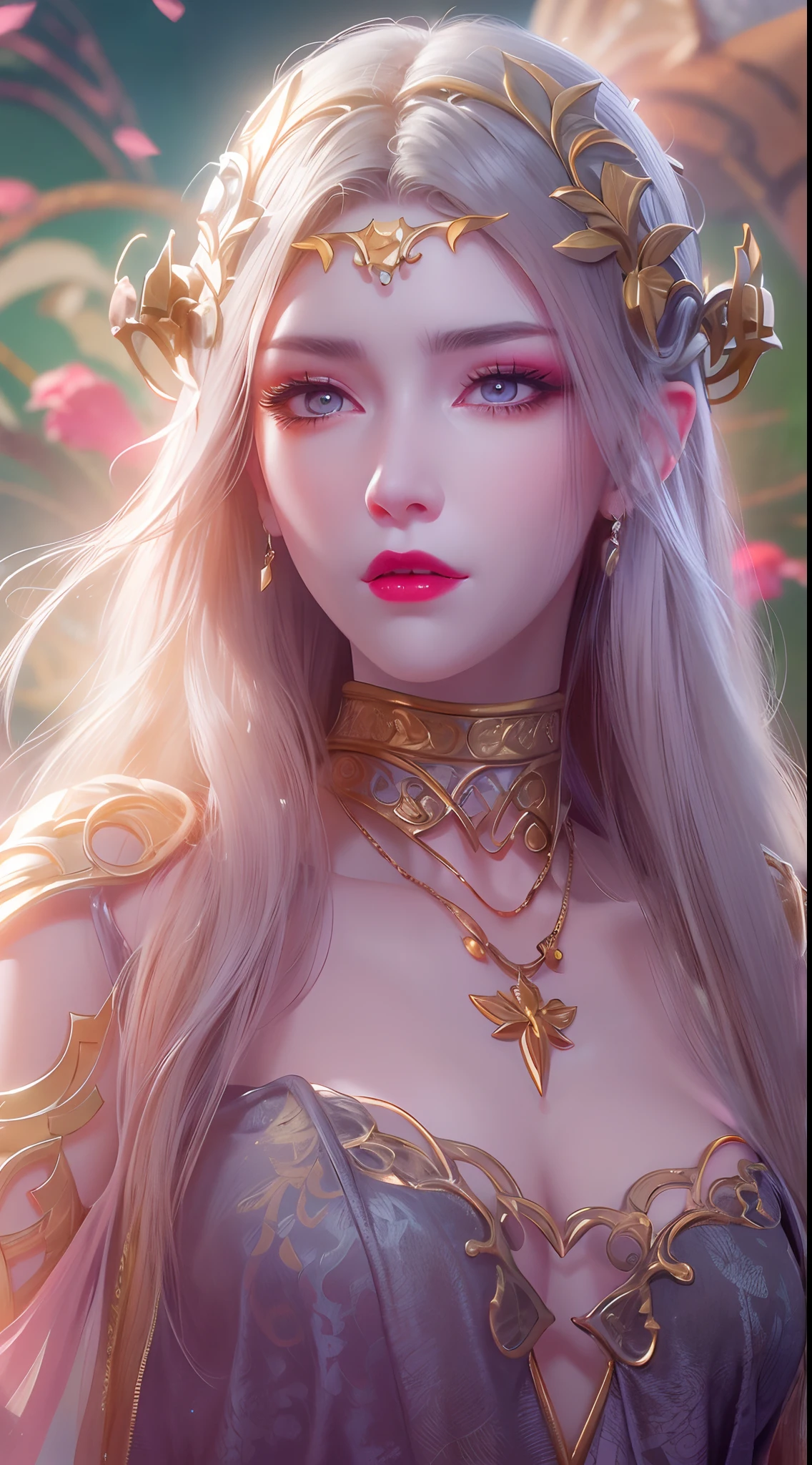 1 20 year old girl, 1 goddess Athena, pink purple silk dress, beautiful goddess Athena face without blemishes, delicate yellow nightgown, long thin sequin nightgown with many sexy black lace details, 1 beautiful thin red silk cloth half veil, female saint legend, female saint icon, beautiful goddess style glitter, dark and mysterious version, vermilion lips, plump red lips, not smiling, mouth closed, delicate and beautiful pino detailing, delicate and beautiful lip detail, , (pure and flawless face: 1.9), female saint body, round chest, big and round breasts, phoenix brooch, long flat bangs, (black long hair: 1.9), flower stickers tattoo on forehead, beautiful clear face and well-proportioned eyes, (light purple eyes: 1.8), (big round eyes and makeup, sexy wet eye makeup, very beautiful and meticulous hair makeup, long and delicate blonde hair, delicate, body image: 1.8), figure: and vivid, (stars that make up the sky: 1.7), (the sky of heaven and the fictitious gate of time and space: 1.8), fictional art, RAW photos, hanfu photos, best photos, high resolution, best quality, best photos, best goddess quality, 8k female, super 8 single saint portraits, truest color schemes, masterpieces, best beauty brands, best hair jewelry, brand real photo, dark studio, border light, two-tone lighting, (rose white skin: 1.4), (high skin detail: 1.1), 8k uhd, d slr, soft light, 8k, high quality, candid, volume Smooth and sharp, 10x pixel increase, sexy goddess, sexy goddess, (background space: 1.8), (most beautiful aurora eyes: 1.7), beautiful eyes, aurora beautiful and flowery, (beautiful single girl: 1.8), (more details:0.8),