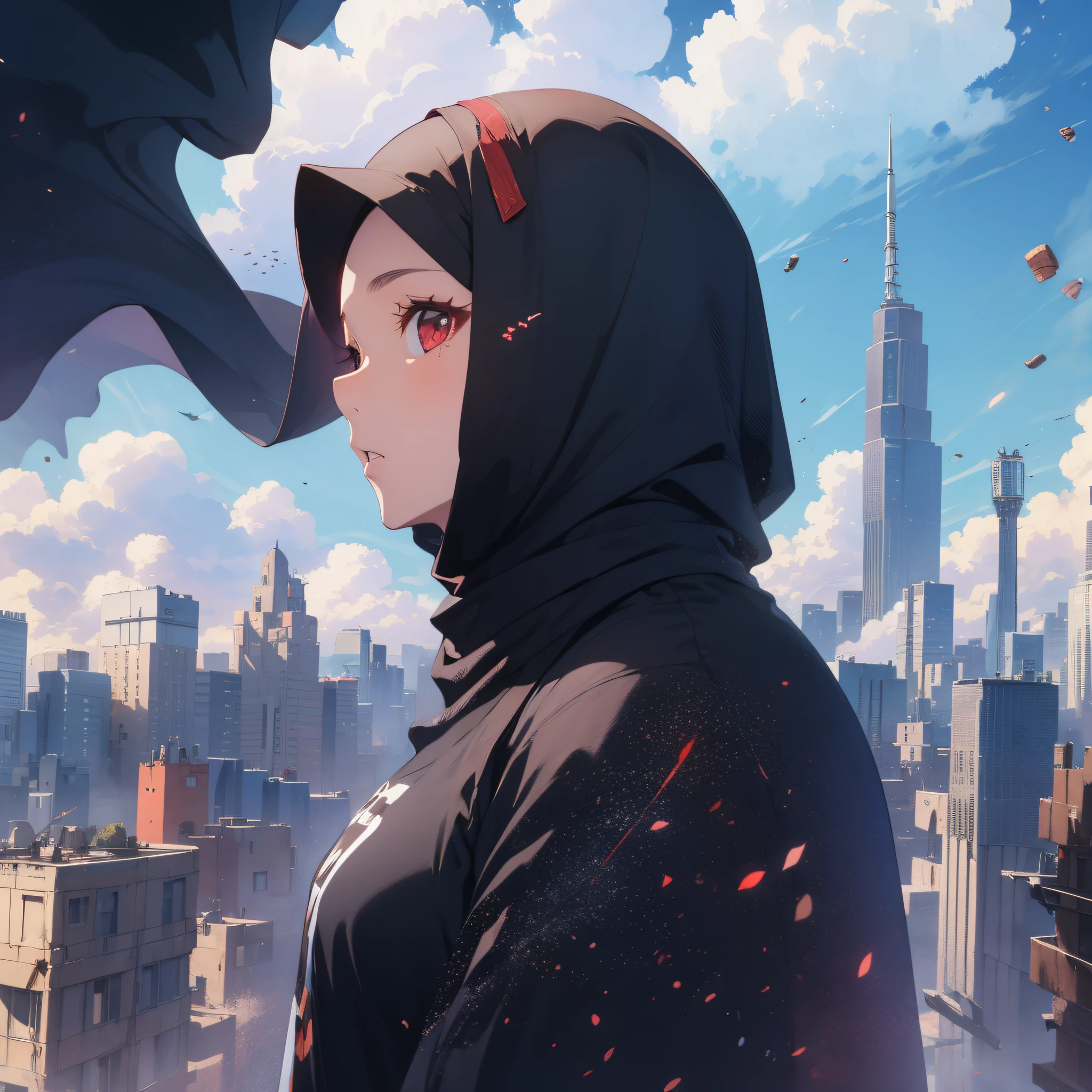a women with black hijab, red eyes, beauty, cityscapes, center of the city, blue sky, amazing sky, white skin, very beautifull, zoom out, full body, colorful, highest detailed, comets.