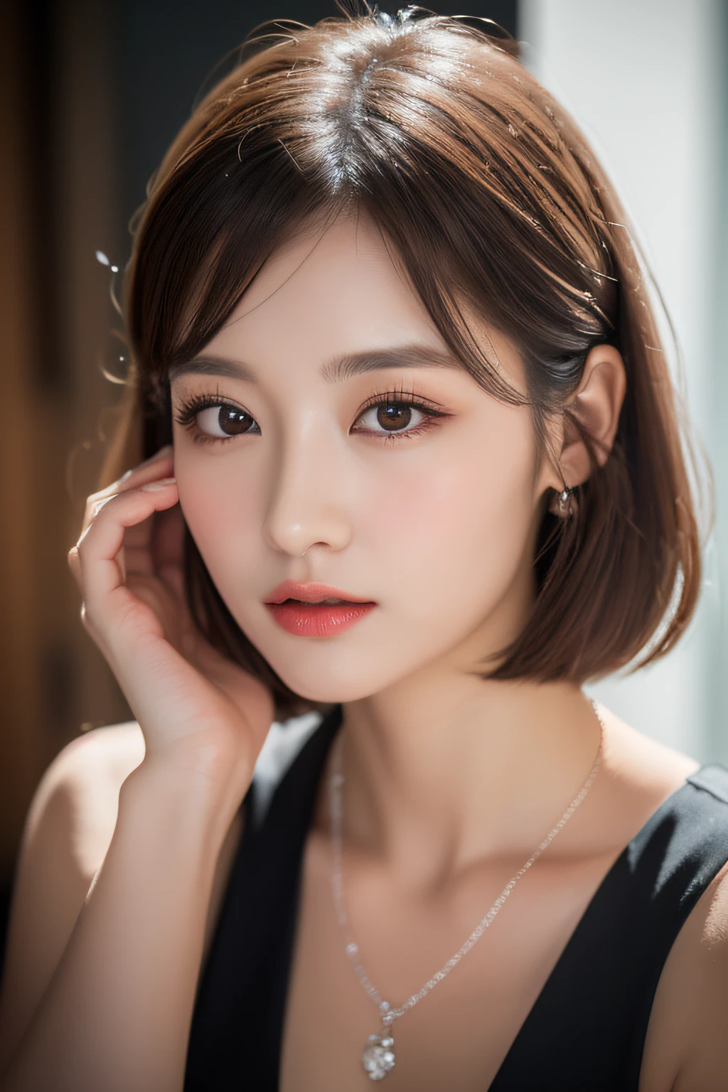 (Best quality, 8k, 32k, Masterpiece, UHD:1.2),Photo of Pretty Japanese woman, 1girl, (short dark brown hair), double eyelid, large breasts, casual white dress, jewelry, necklace, rings with diamond, touching ear