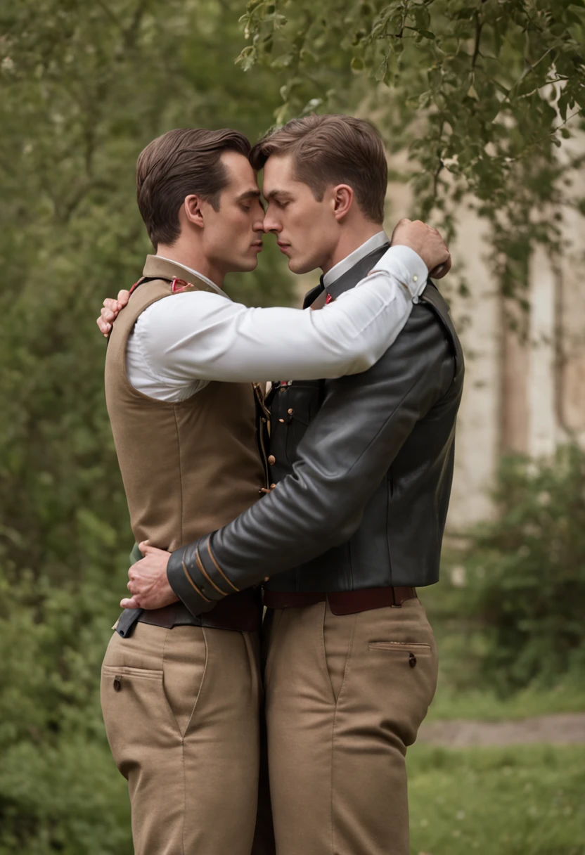 arafed man in uniform kissing another man in the woods, a photo by Josef Dande, flickr, renaissance, greg rutkowski and jakub rebelka, kilian eng and jake parker, two muscular men entwined, muscular men entwined together, greg rutkowski and edgar maxence, neil blevins and jordan grimmer