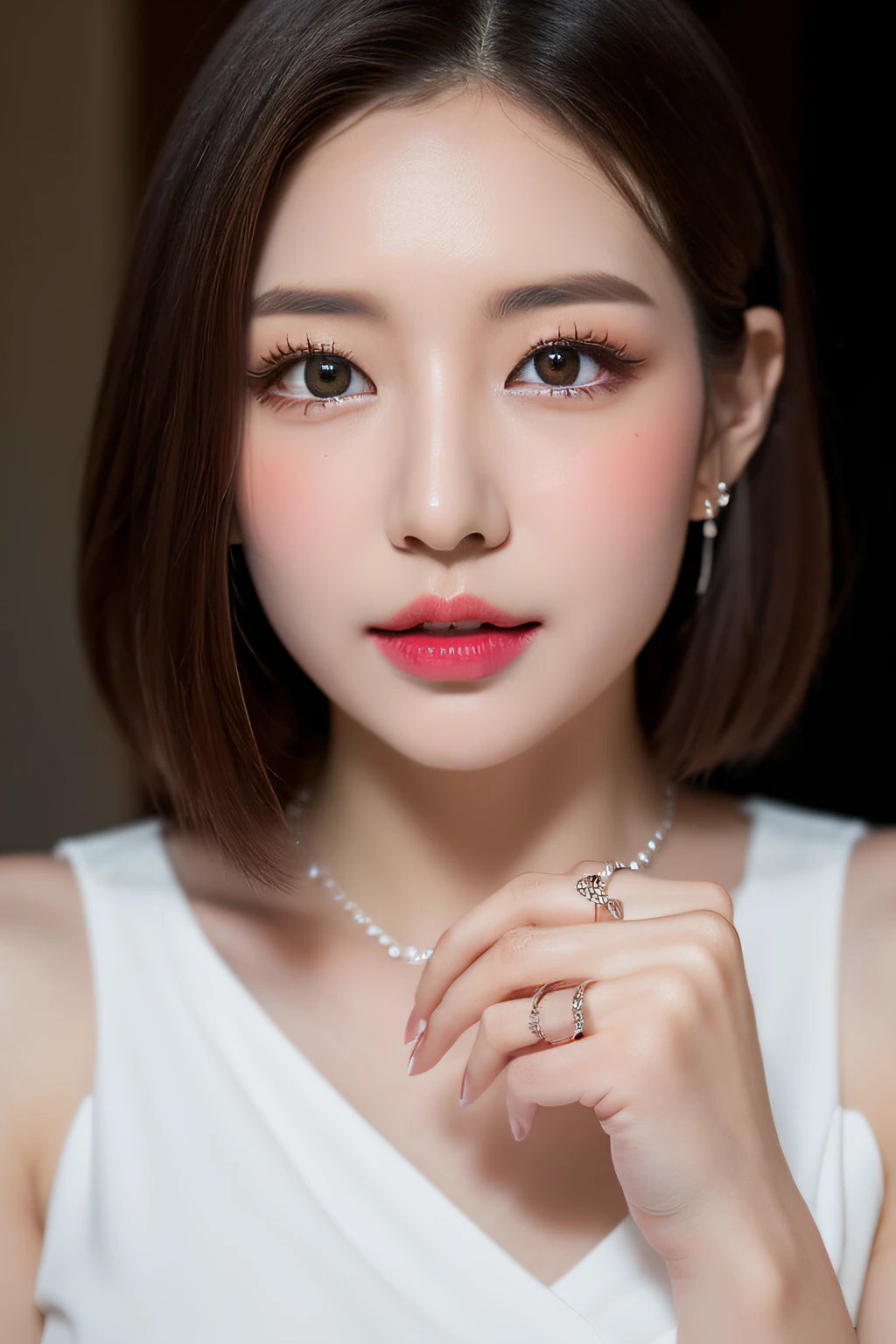(Best quality, 8k, 32k, Masterpiece, UHD:1.2),Photo of Pretty Japanese woman, 1girl, (short dark brown hair), double eyelid, large breasts, casual white dress, jewelry, necklace, rings with diamond, touching ear