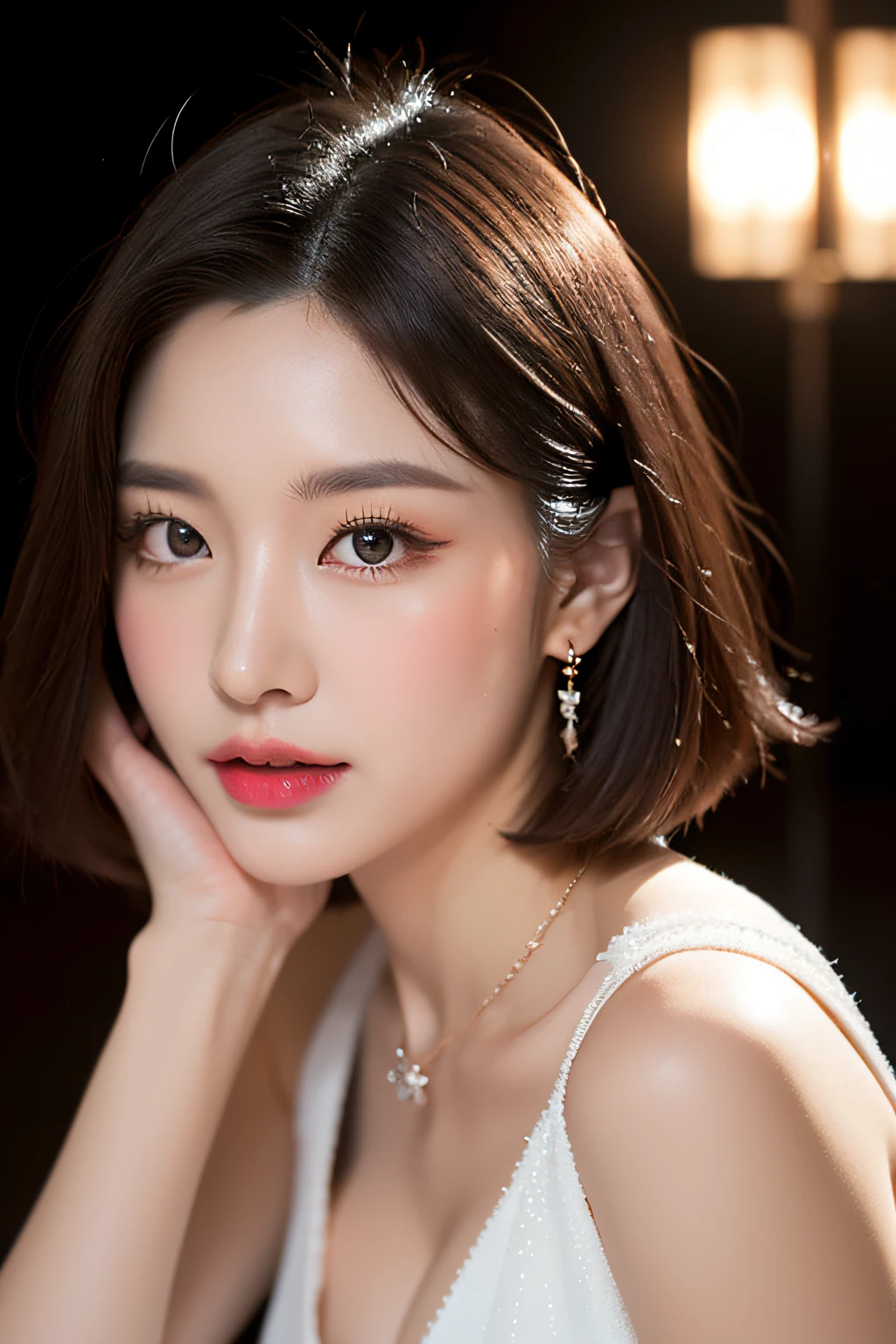 (Best quality, 8k, 32k, Masterpiece, UHD:1.2),Photo of Pretty Japanese woman, 1girl, (short dark brown hair), double eyelid, large breasts, casual white dress, jewelry, necklace, rings with diamond, touching ear