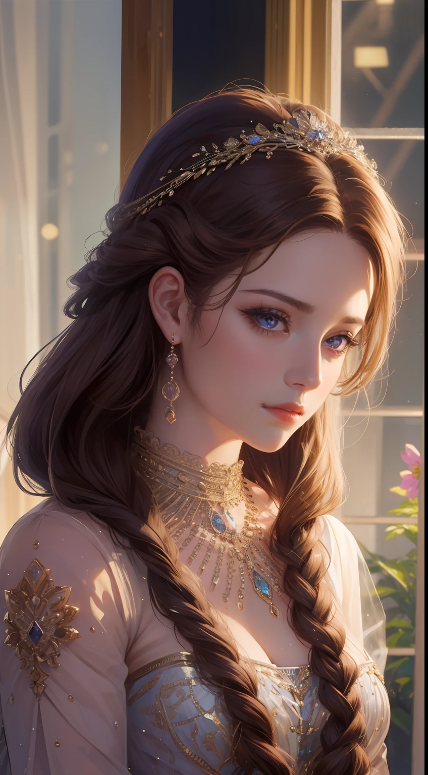 tmasterpiece，Highest high resolution，Dynamic bust of beautiful royal lady，Delicate brown-red braided hair，Purple clear eyes，The hair is covered with beautiful and delicate floral craftsmanship, Crystal jewelry filigree，Ultra-detailed details，upscaled。softlighting。