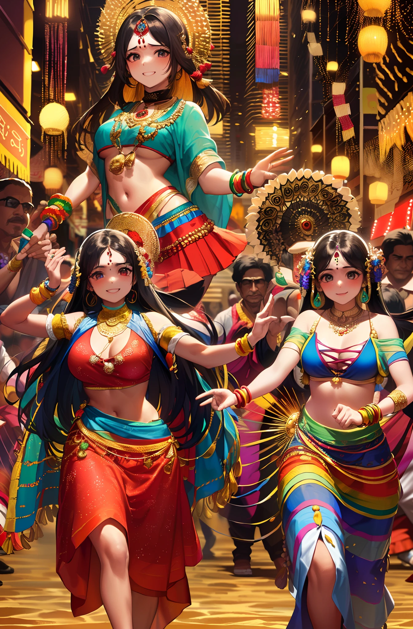 Generate a visually stunning image that captures the vibrant spirit of India's most celebrated cultural festivals. Depict colorful processions, traditional dances, and ornate decorations that showcase the rich diversity of Indian festivals -- ar 3:3 --auto --s2